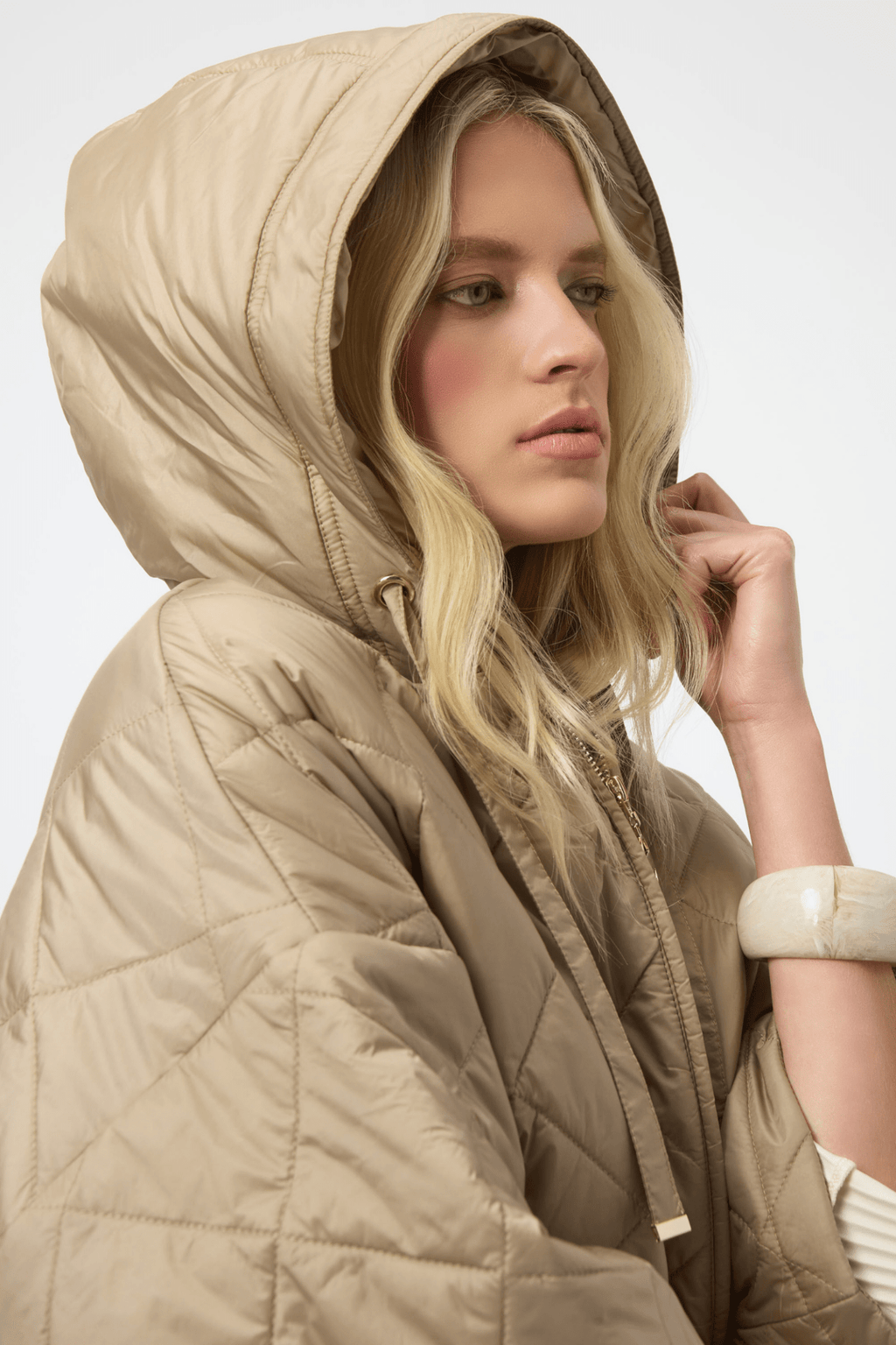 Joseph Ribkoff gold quilted hooded jacket with diamond pattern and kimono sleeves