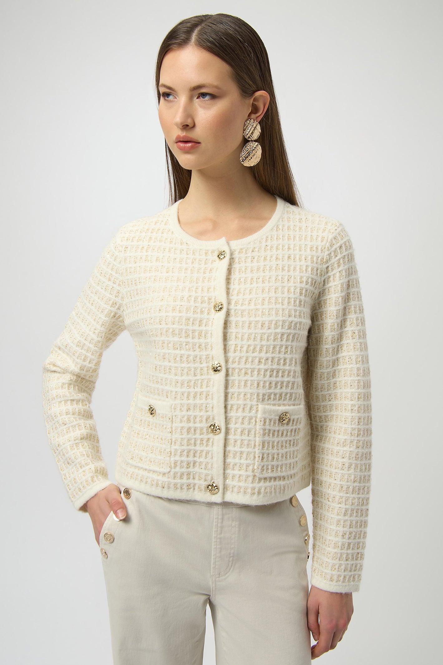 Joseph Ribkoff 254938 Winter White Sequined Sweater Knit Cardigan with Gold Buttons