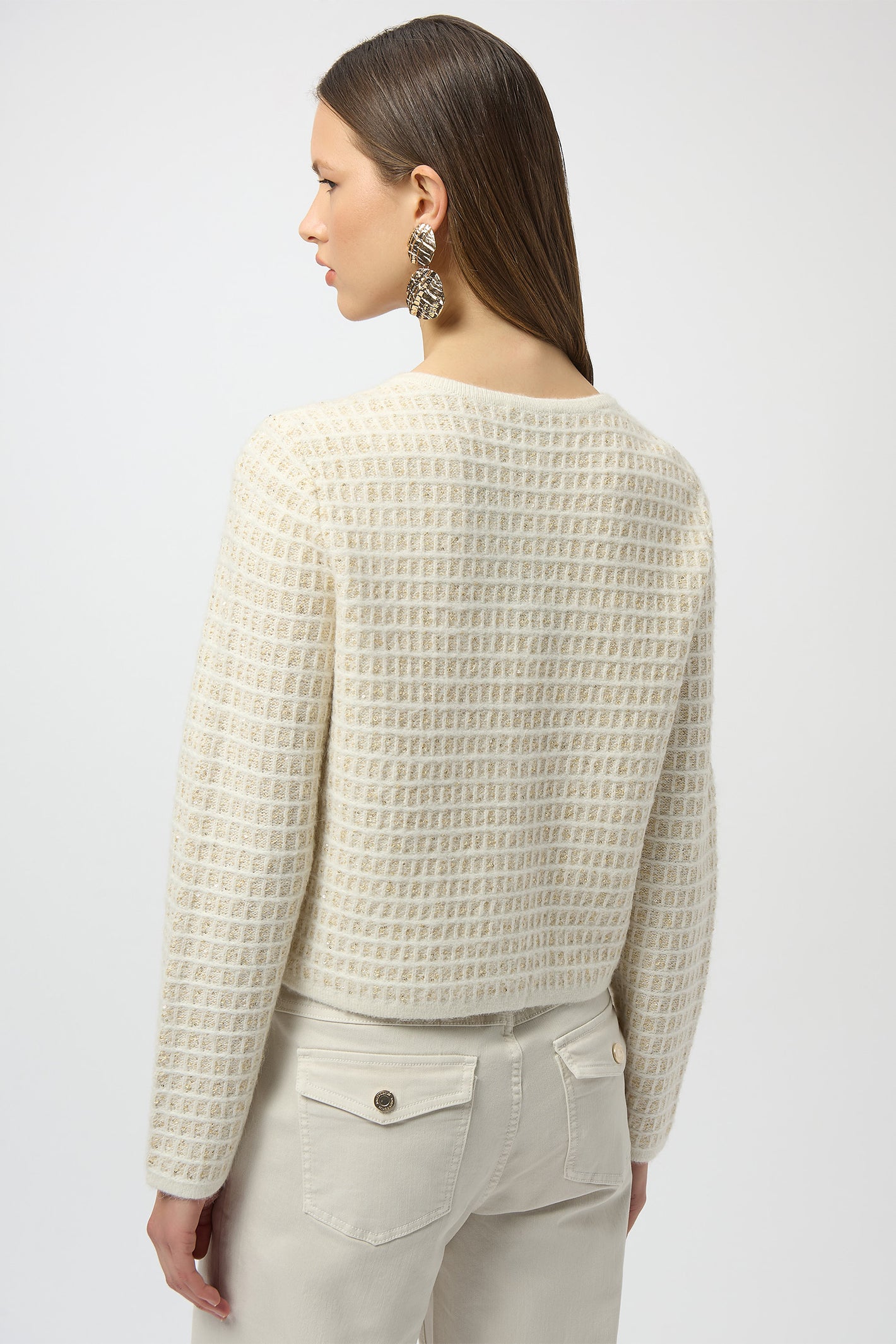 Joseph Ribkoff 254938 Winter White Sequined Sweater Knit Cardigan with Gold Buttons