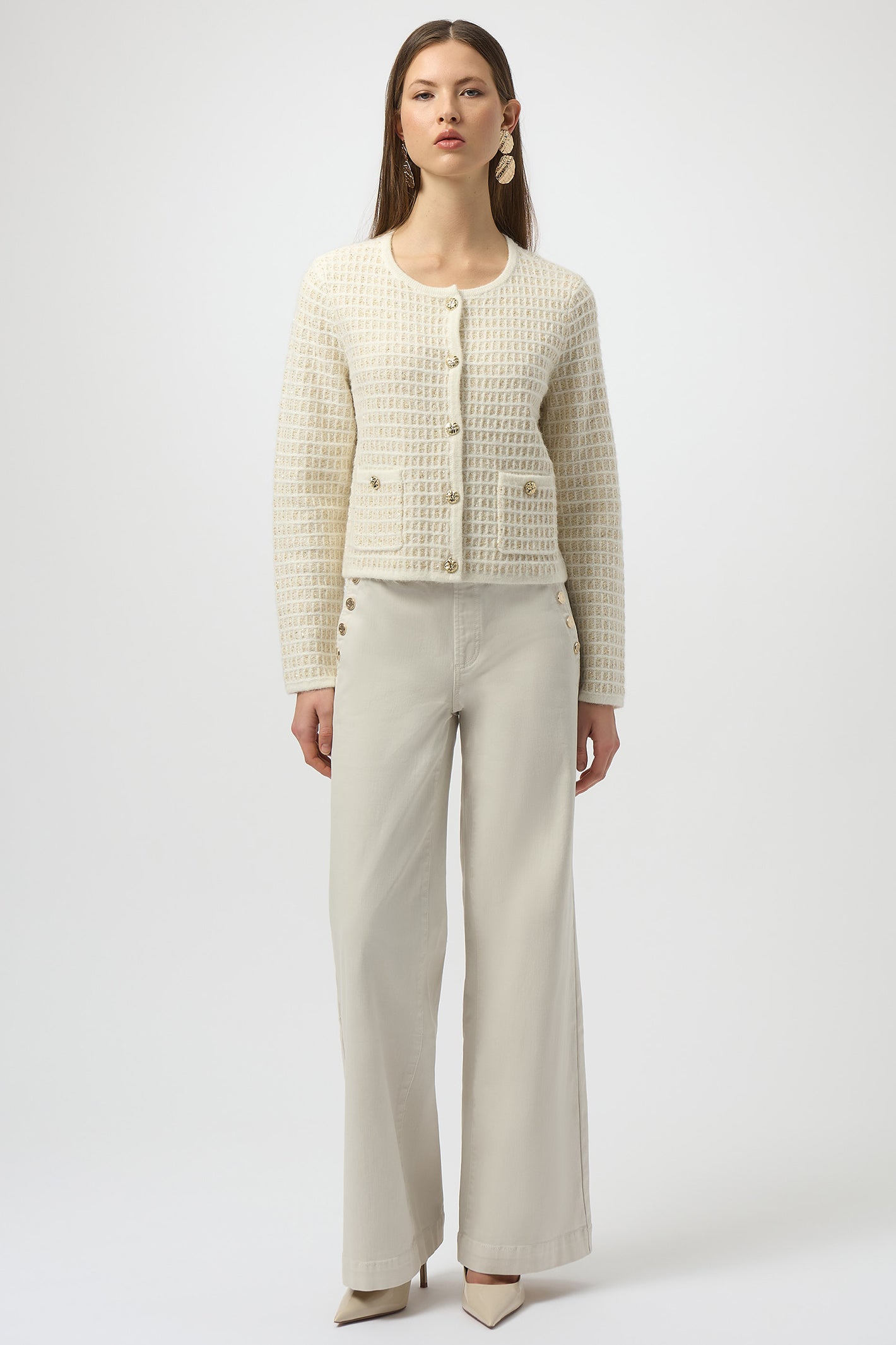 Joseph Ribkoff 254938 Winter White Sequined Sweater Knit Cardigan with Gold Buttons