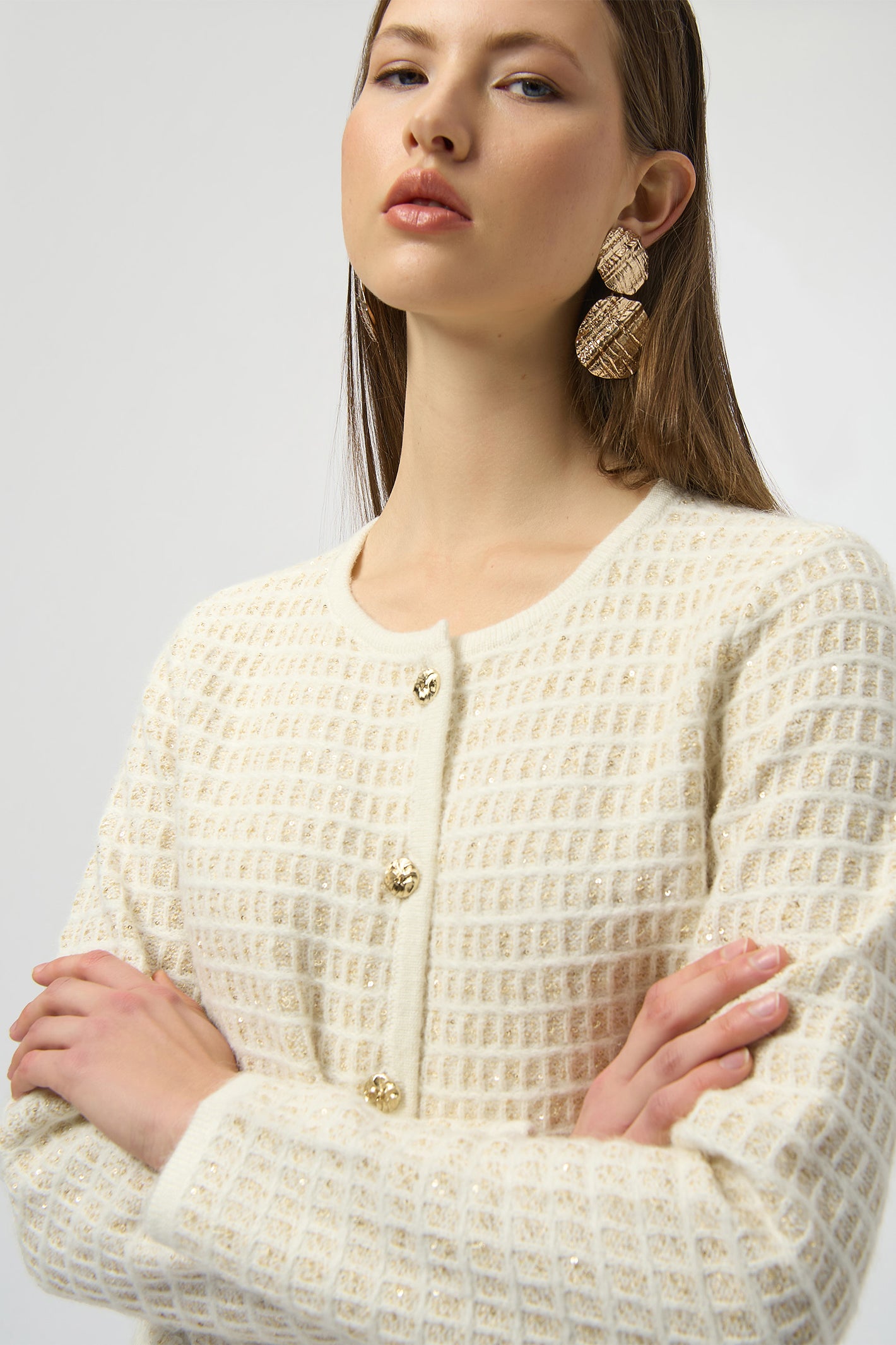 Joseph Ribkoff 254938 Winter White Sequined Sweater Knit Cardigan with Gold Buttons