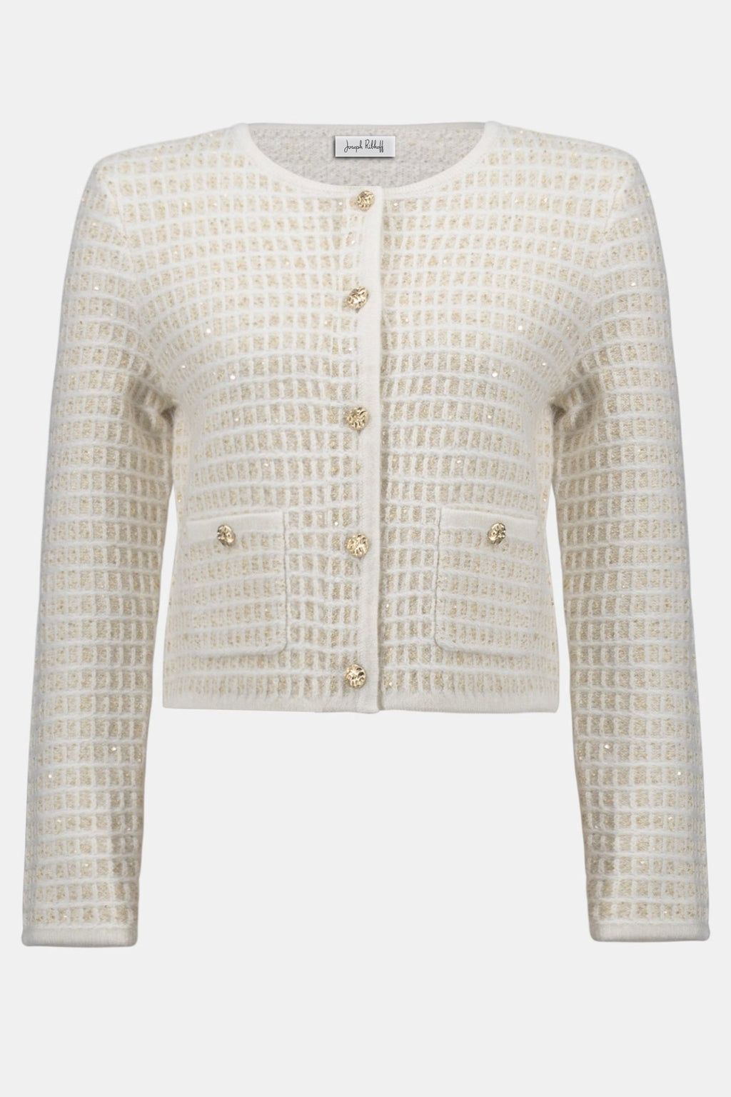 Joseph Ribkoff 254938 Winter White Sequined Sweater Knit Cardigan with Gold Buttons - Dotique - Joseph Ribkoff
