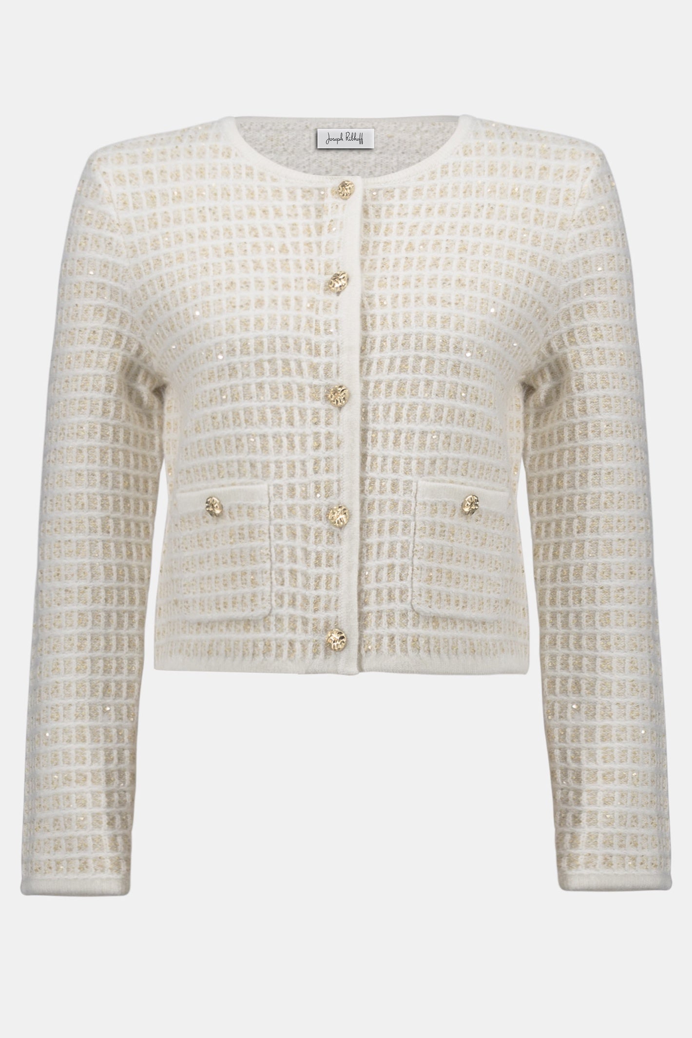 Joseph Ribkoff 254938 Winter White Sequined Sweater Knit Cardigan with Gold Buttons