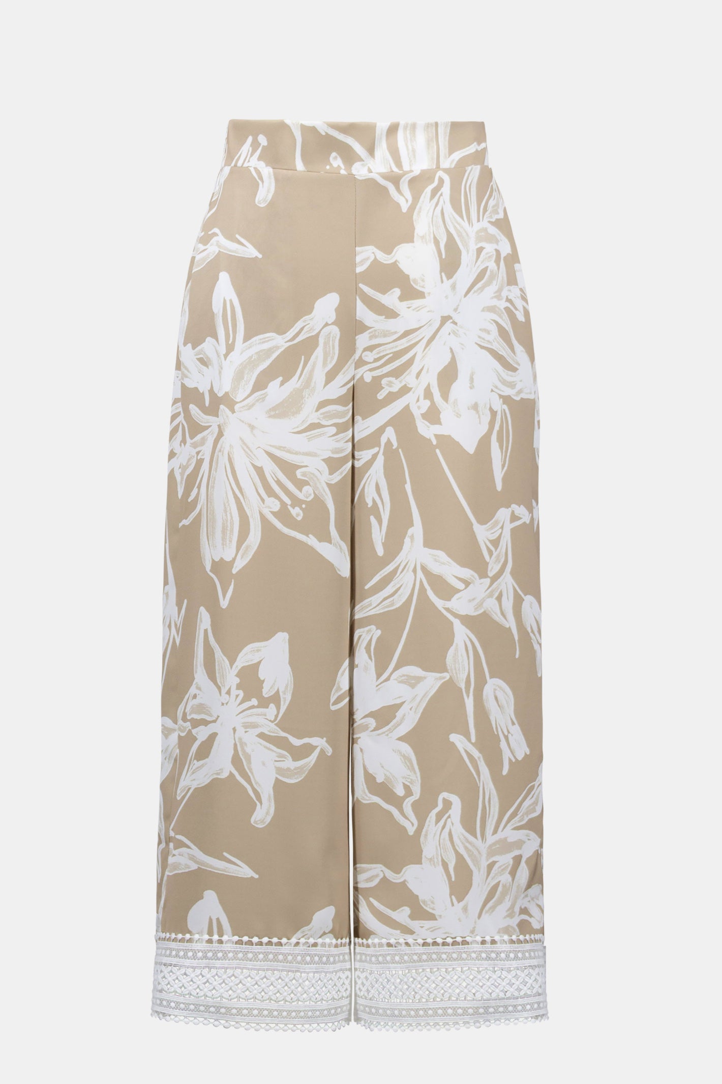 Joseph Ribkoff 261023 Recycled Satin Floral Print Pull-On Culotte Pants in beige with white floral design and lace trim by Joseph Ribkoff, shop Joseph Ribkoff at Dotique