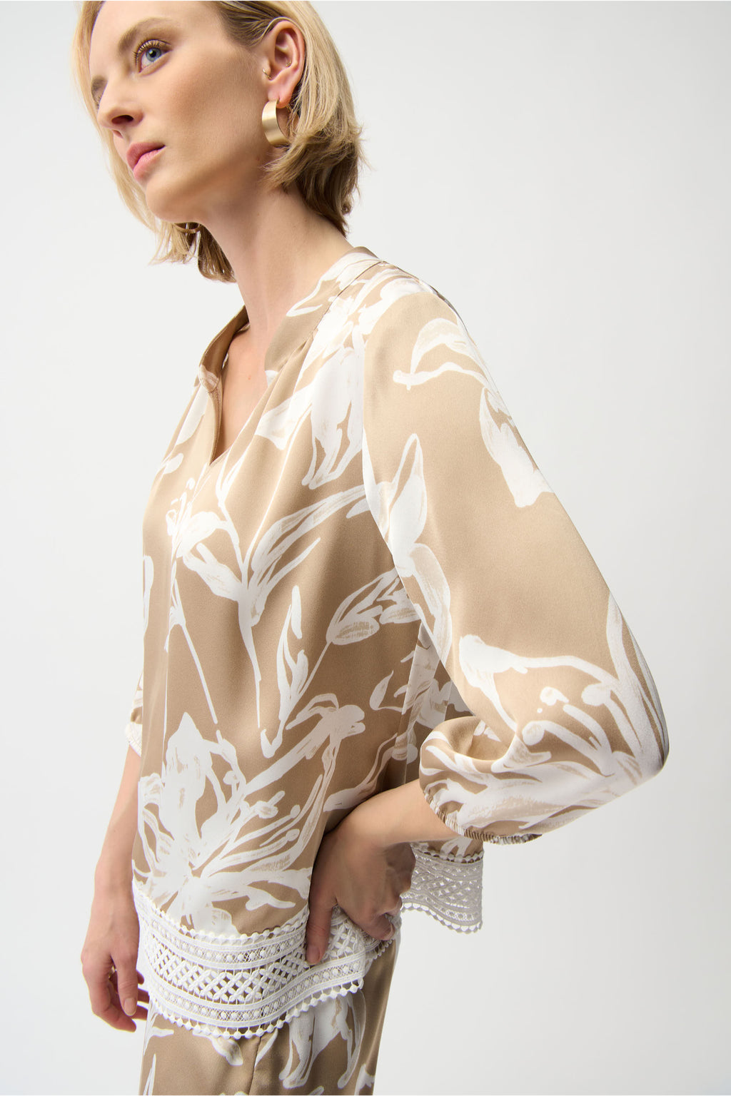 Elegant beige and white floral satin top with mandarin collar and lace trim, Joseph Ribkoff 261031 Satin Floral Print Straight Top With Mandarin Collar by Joseph Ribkoff, shop Joseph Ribkoff at Dotique.