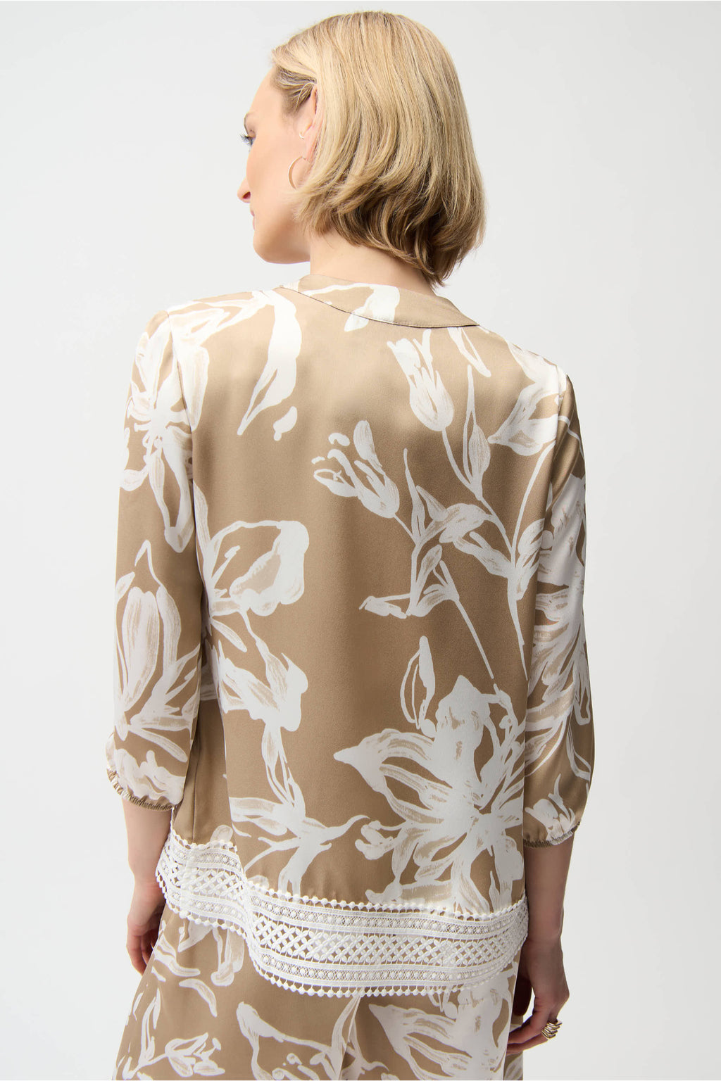 Back view of Joseph Ribkoff 261031 Satin Floral Print Straight Top With Mandarin Collar in beige and white floral design by Joseph Ribkoff, shop Joseph Ribkoff at Dotique