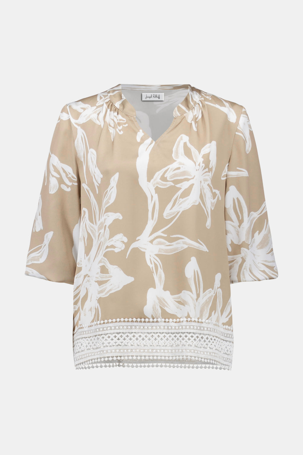 Joseph Ribkoff 261031 Satin Floral Print Straight Top With Mandarin Collar in beige with white floral design by Joseph Ribkoff, shop Joseph Ribkoff at Dotique.
