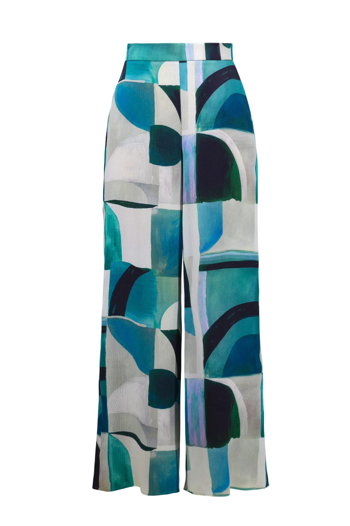 Statement wide leg trousers by Joseph Ribkoff in textured satin with a bold geometric print. Easy pull-on fit with pockets. Shop now at Dotique.
