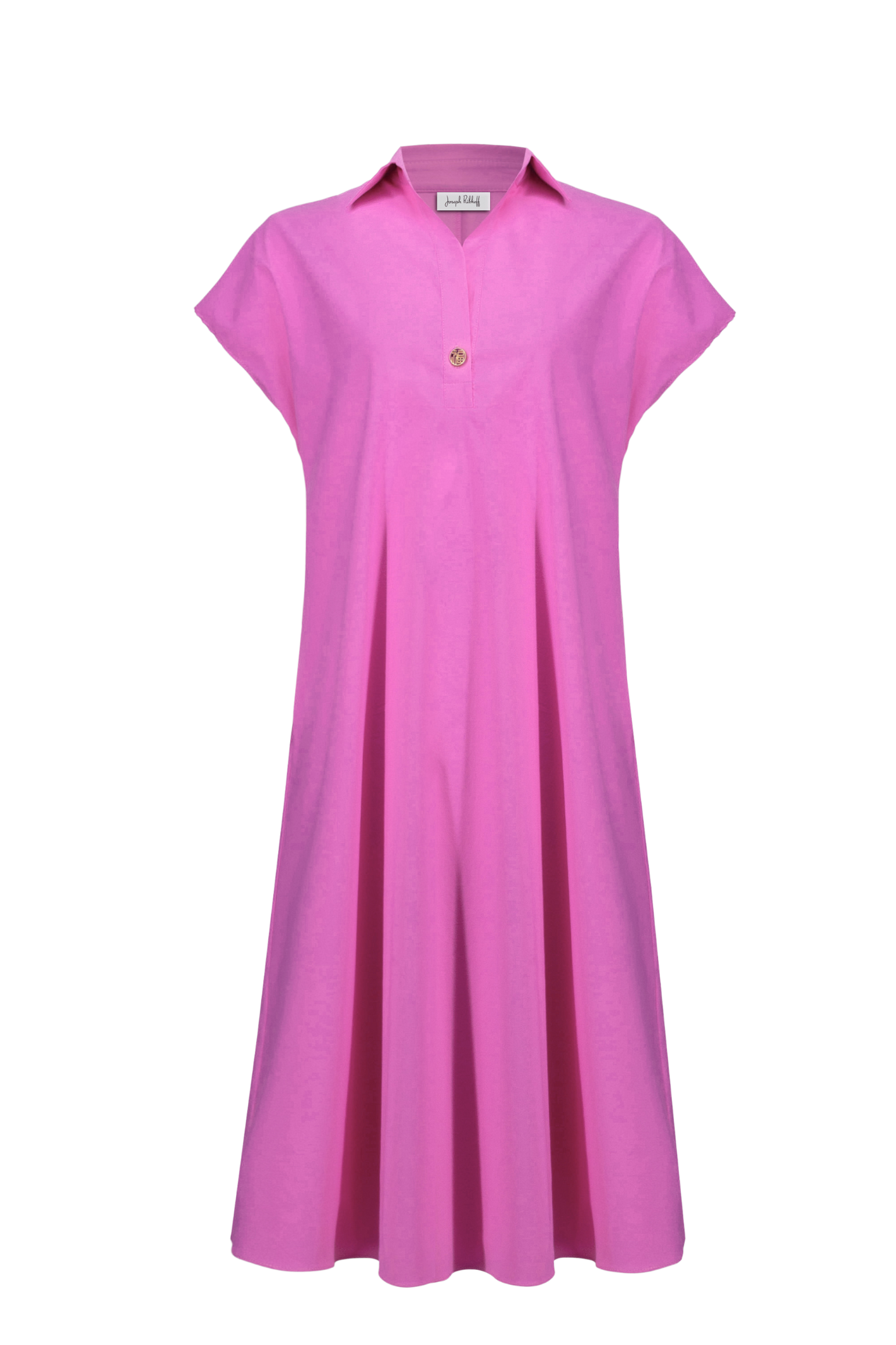 Joseph Ribkoff 261049 pink trapeze shirt dress in stretch poplin. Easy fit with collar, pockets and short sleeves. Shop at Dotique.