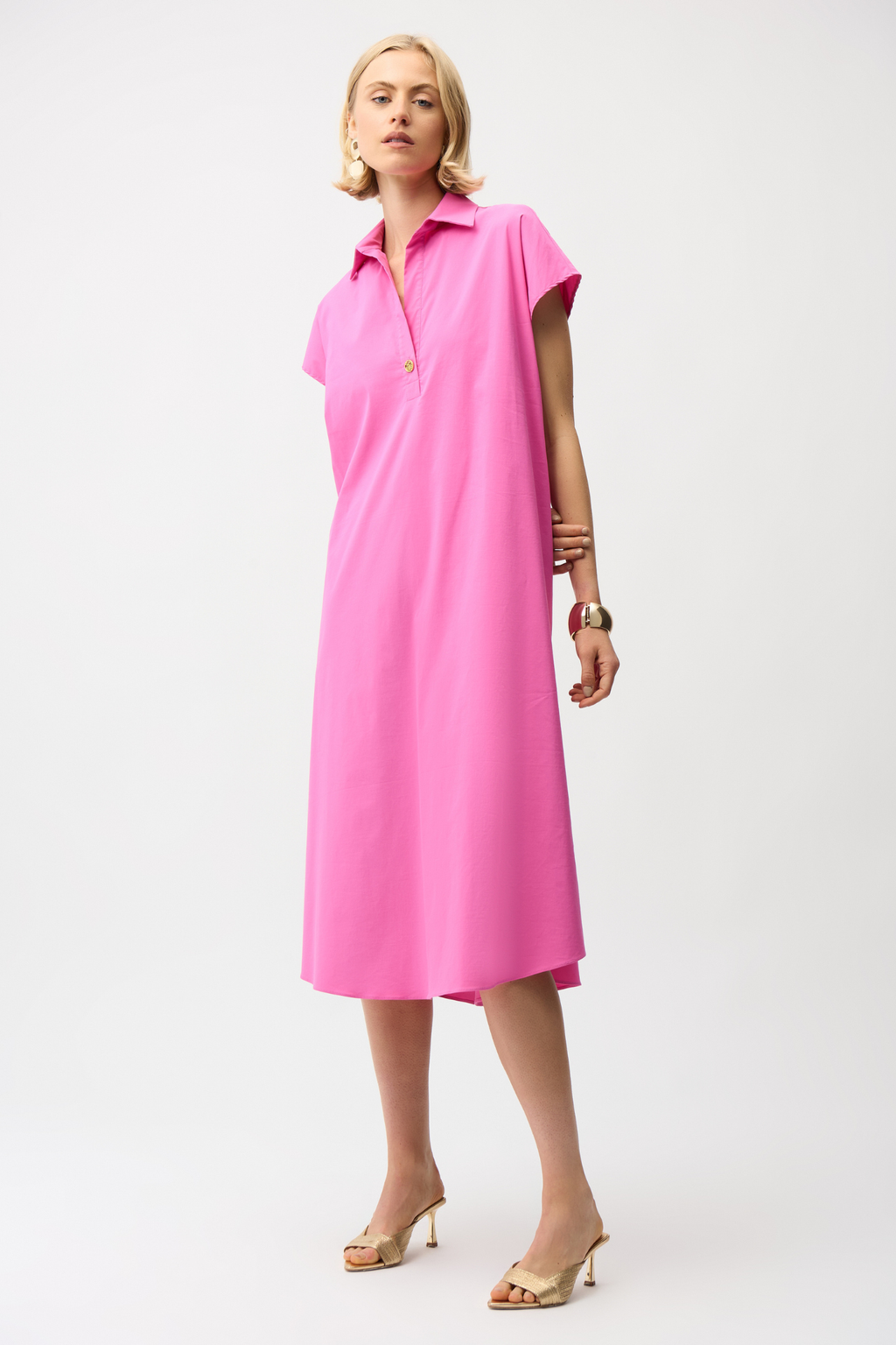 Joseph Ribkoff 261049 pink trapeze shirt dress in stretch poplin. Easy fit with collar, pockets and short sleeves. Shop at Dotique.