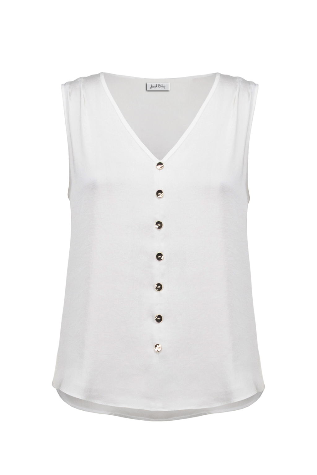 Joseph Ribkoff 261249 recycled satin boxy top with V-neck and gold button detail. Lightweight, polished and easy to wear. Shop Dotique.
