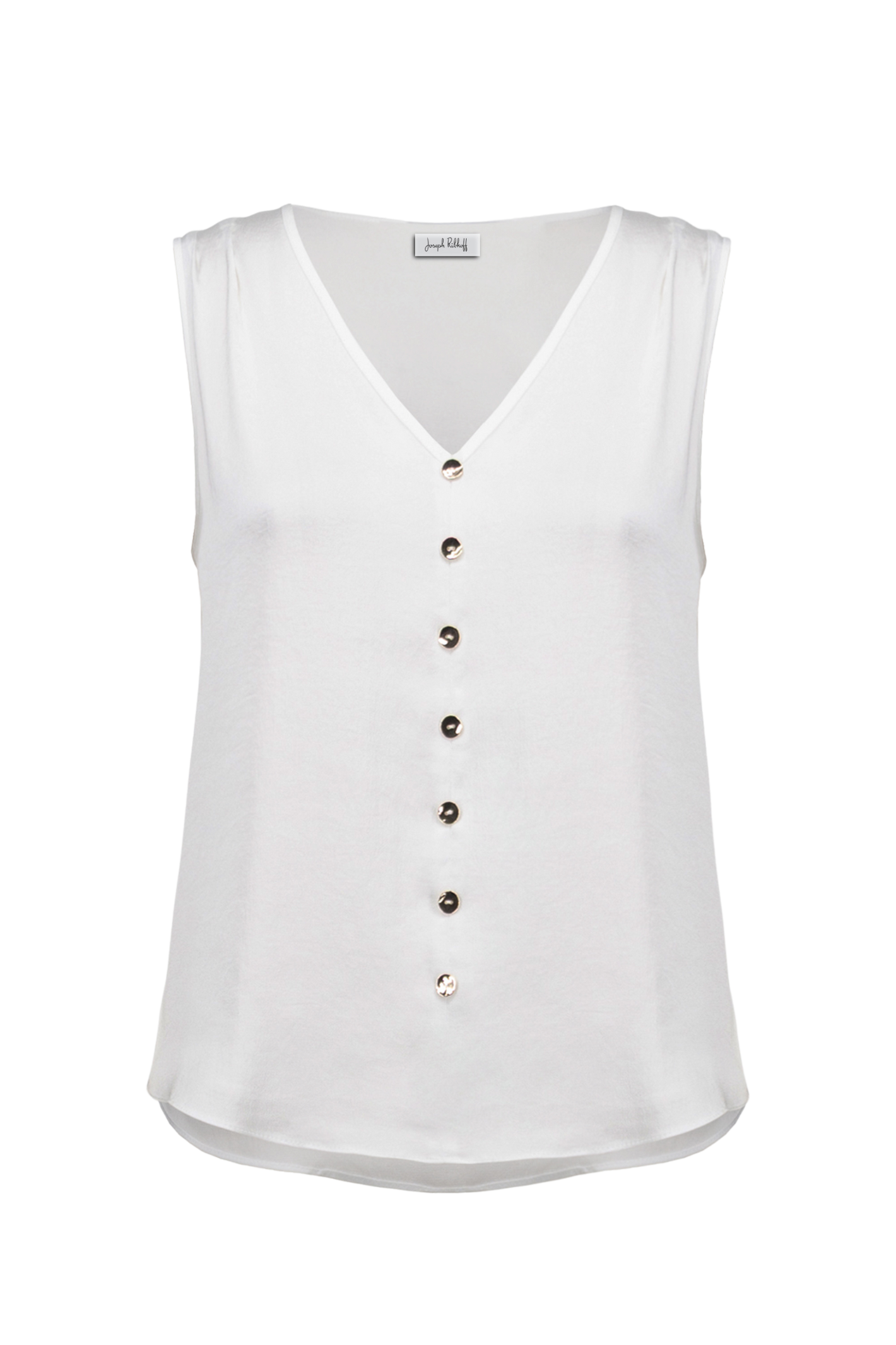 Joseph Ribkoff 261249 recycled satin boxy top with V-neck and gold button detail. Lightweight, polished and easy to wear. Shop Dotique.