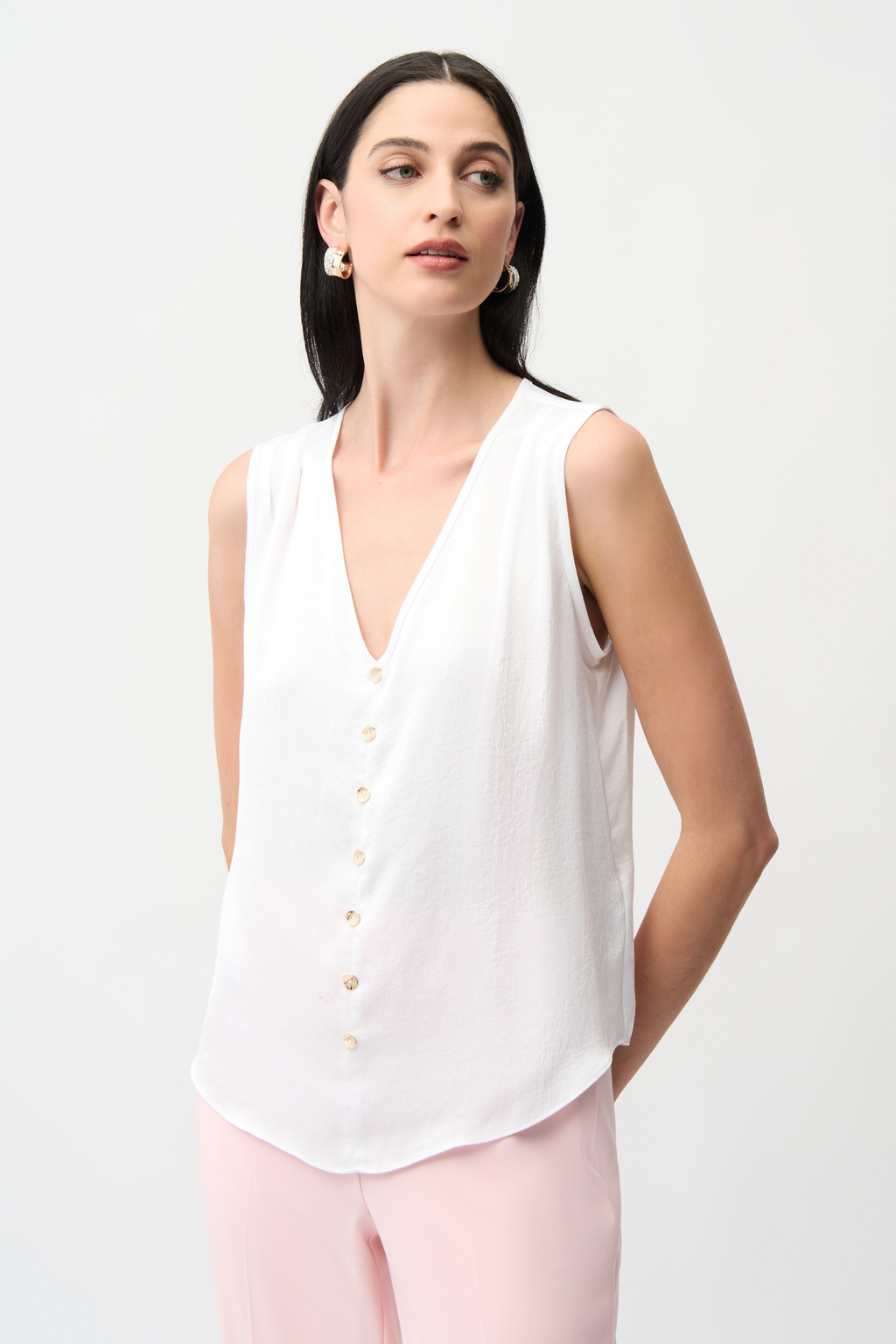 Joseph Ribkoff 261249 recycled satin boxy top with V-neck and gold button detail. Lightweight, polished and easy to wear. Shop Dotique.