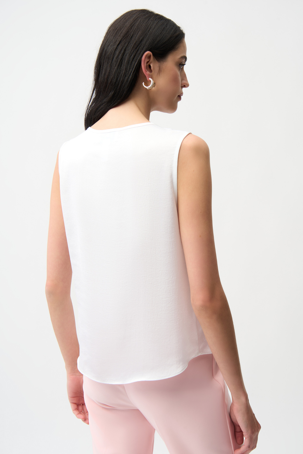 Joseph Ribkoff 261249 recycled satin boxy top with V-neck and gold button detail. Lightweight, polished and easy to wear. Shop Dotique.