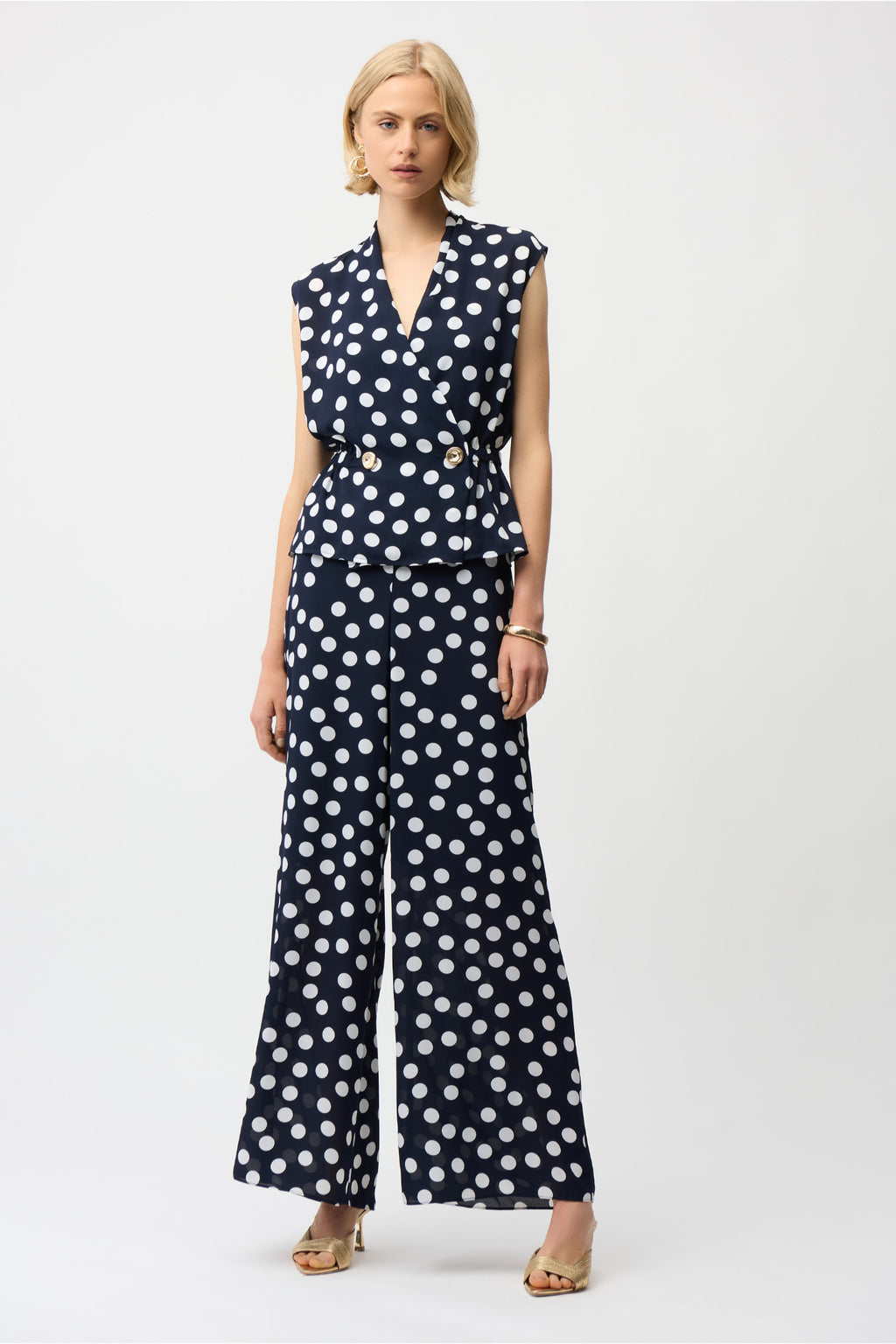 Model wearing Joseph Ribkoff 261305 Georgette Polka Dot Wide Leg Trousers Midnight Blue by Joseph Ribkoff, shop Joseph Ribkoff at Dotique