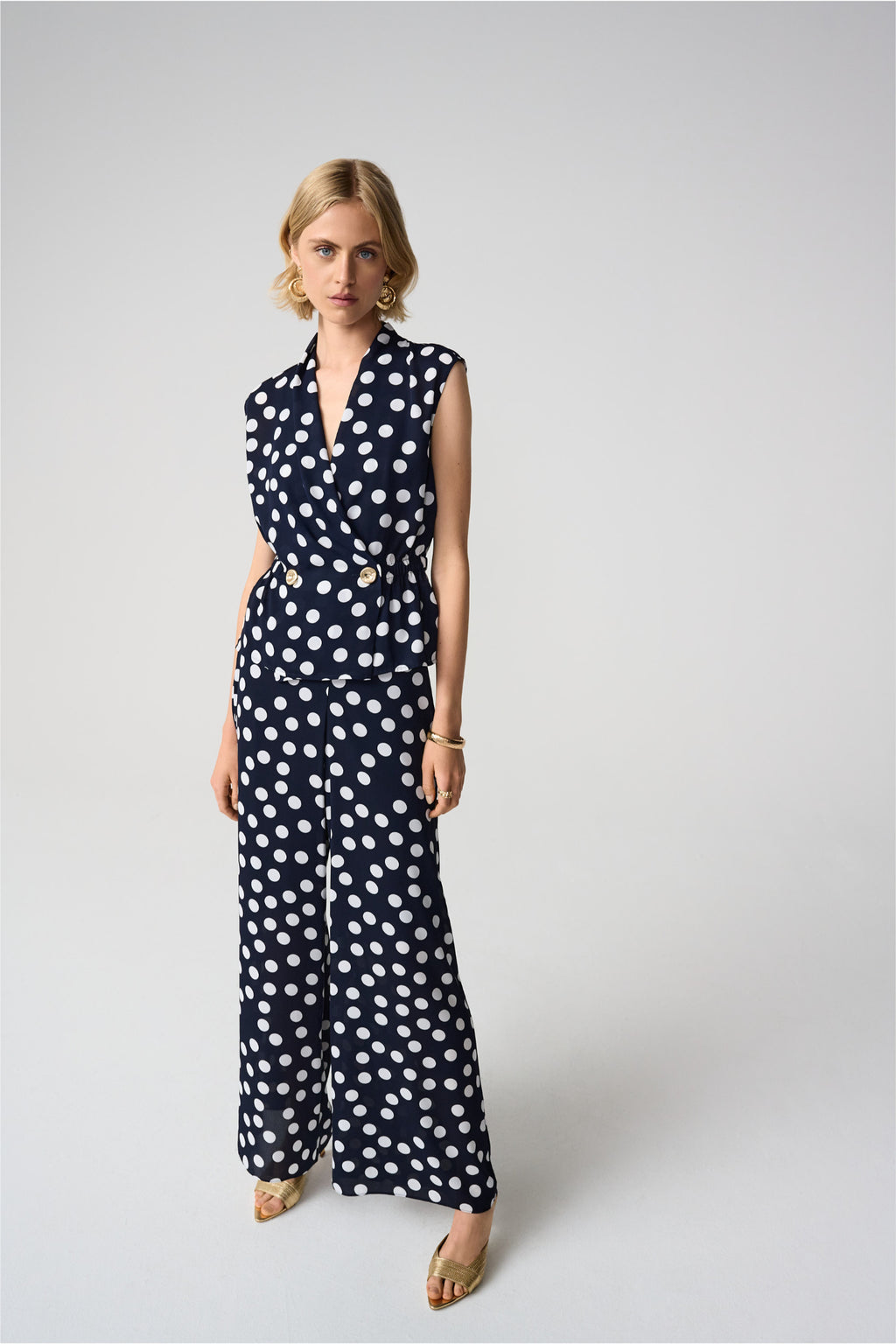 Model showcasing Joseph Ribkoff 261305 Georgette Polka Dot Wide Leg Trousers Midnight Blue by Joseph Ribkoff shop Dotique
