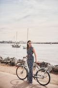 Model wearing Joseph Ribkoff 261305 Georgette Polka Dot Wide Leg Trousers Midnight Blue by Joseph Ribkoff, shop Joseph Ribkoff at Dotique