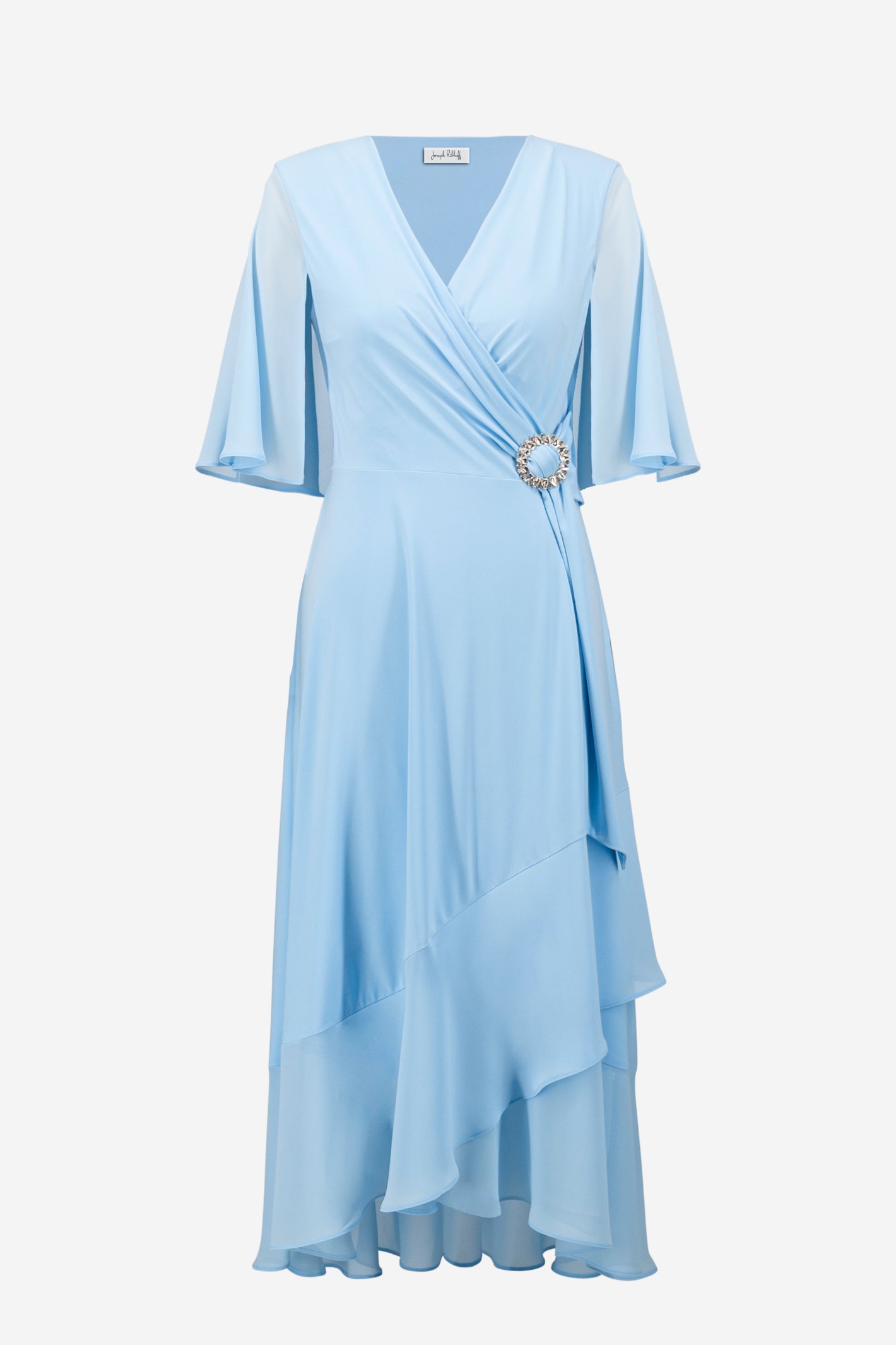 Joseph Ribkoff 261714 Sky Blue Signature Silky Knit Flowy Wrap Dress With Buckle Rhinestones Detail by joseph ribkoff shop at Dotique front view