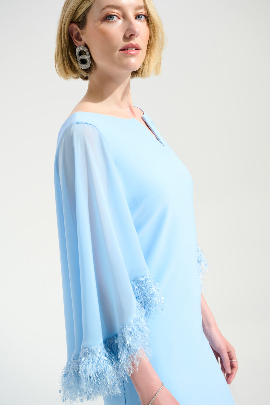 Joseph Ribkoff 261715 Silky Knit A-Line Dress With Chiffon Cape And Novelty Trim Pale Blue Dress by joseph ribkoff shop the brand at Dotique side detail view