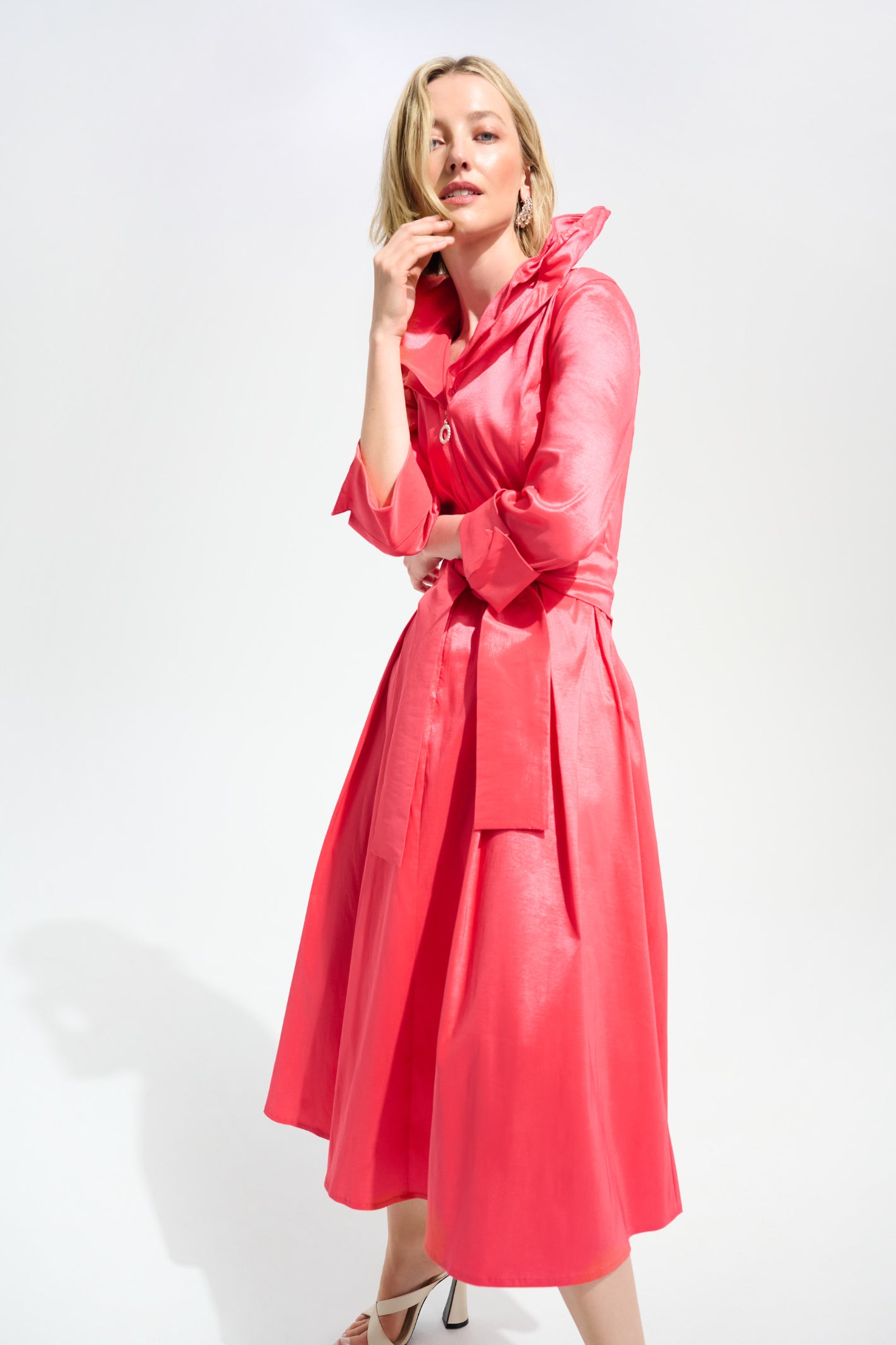 Elegant woman wearing Joseph Ribkoff 261719 Coral Signature Stretch Taffeta Fit & Flare Dress by Joseph Ribkoff, Shop Dotique