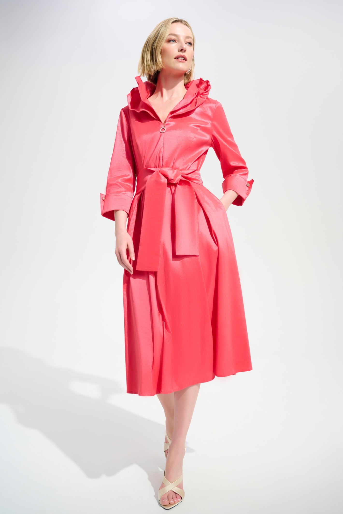 Model wearing Joseph Ribkoff 261719 Coral Signature Stretch Taffeta Fit & Flare Dress by Joseph Ribkoff Shop Dotique