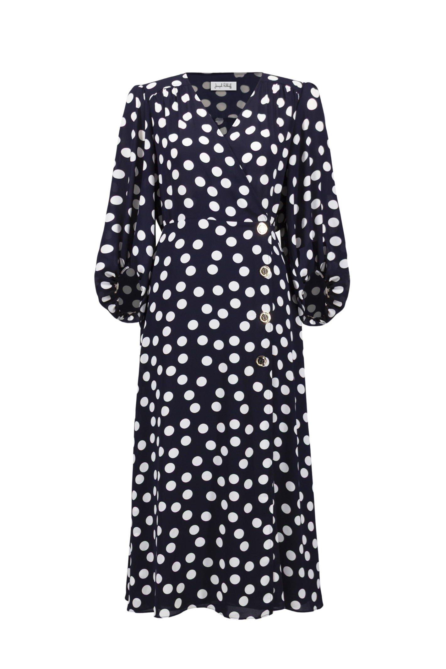 Joseph Ribkoff 261901 georgette polka dot wrap dress with puff sleeves and midi skirt. Flattering, elegant and easy to wear. Shop Dotique.