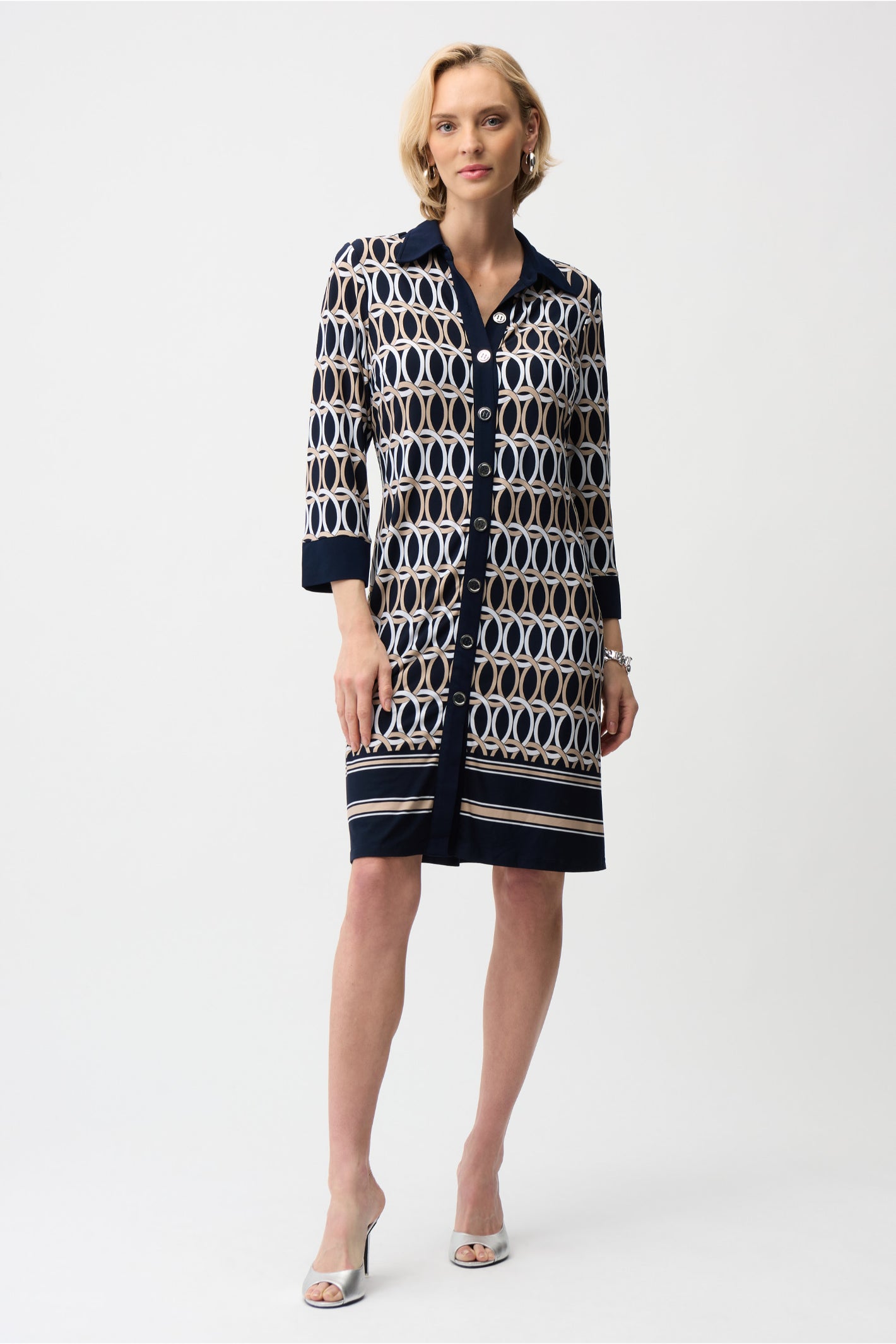 Joseph Ribkoff 261903 Midnight Blue Silky Knit Geometric Print A-Line Shirt Dress by joseph ribkoff shop at Dotique front fit view