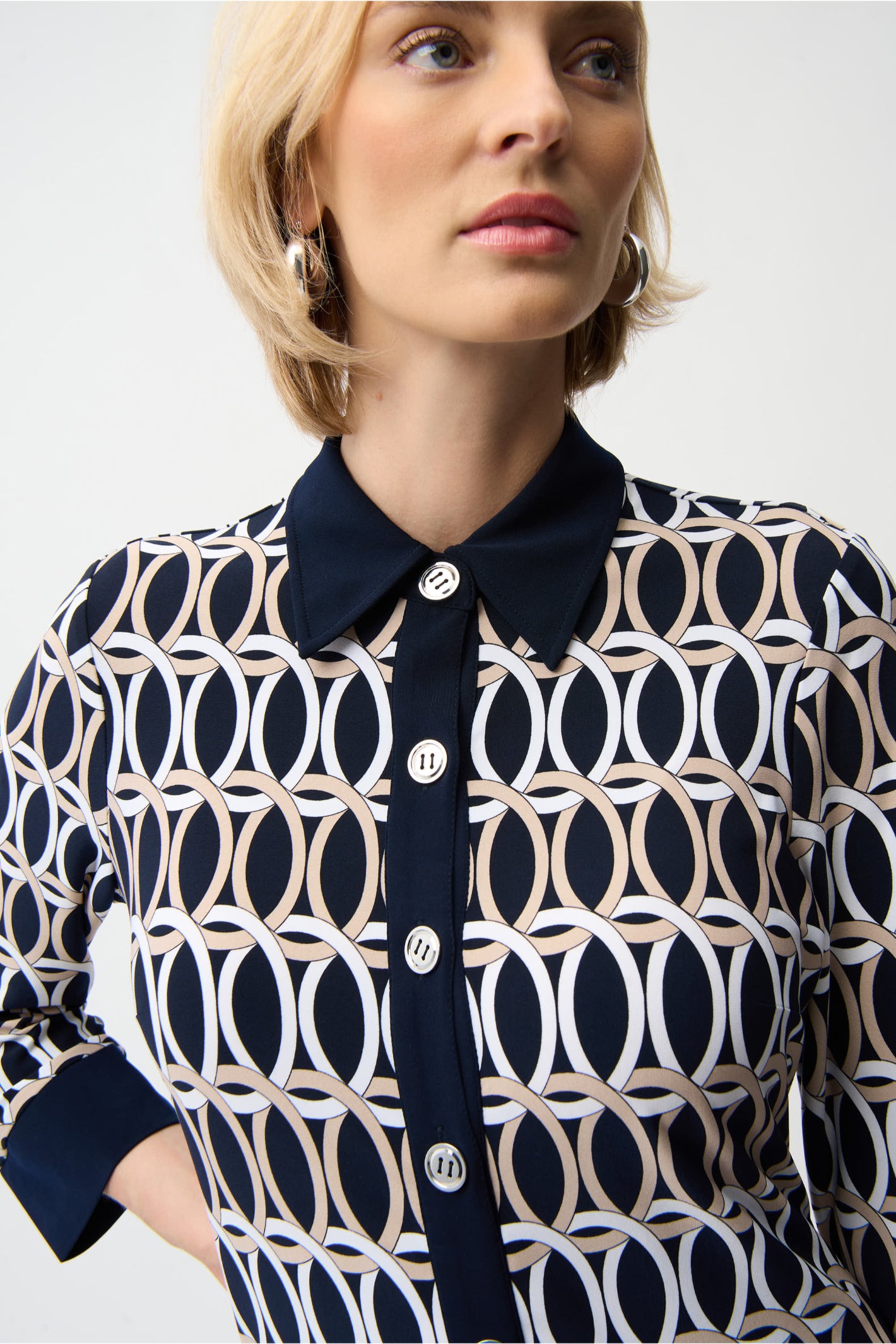 Joseph Ribkoff 261903 Midnight Blue Silky Knit Geometric Print A-Line Shirt Dress by joseph ribkoff shop the brand at Dotique close-up view