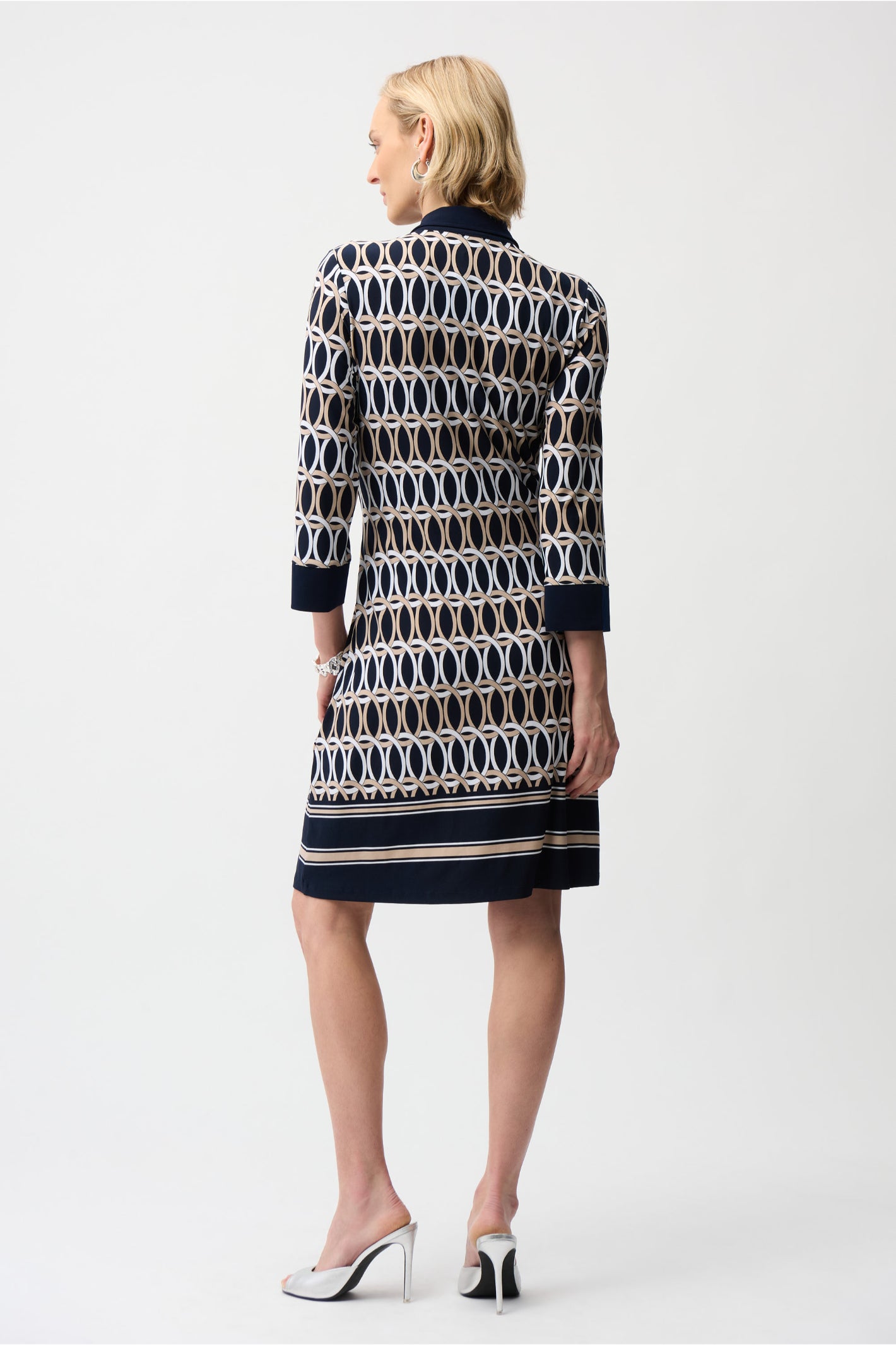Joseph Ribkoff 261903 Midnight Blue Silky Knit Geometric Print A-Line Shirt Dress by joseph ribkoff shop at Dotique back view