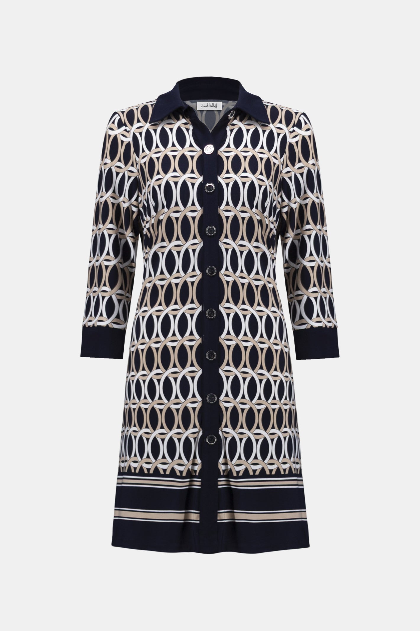 Joseph Ribkoff 261903 Midnight Blue Silky Knit Geometric Print A-Line Shirt Dress by joseph ribkoff shop at Dotique front view