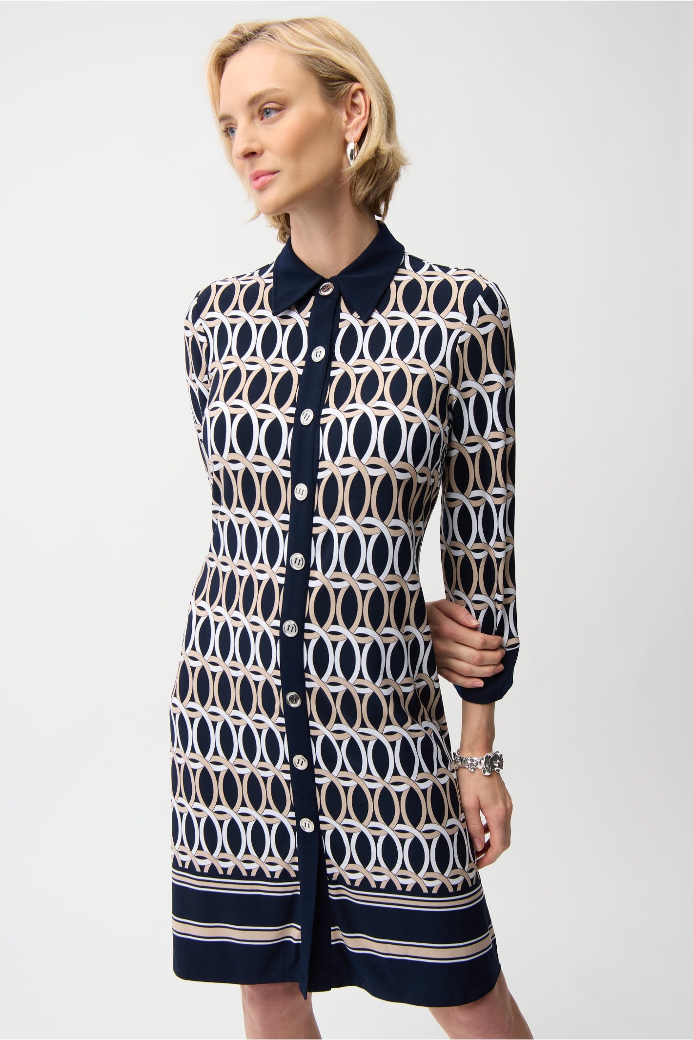 Joseph Ribkoff 261903 Midnight Blue Silky Knit Geometric Print A-Line Shirt Dress by joseph ribkoff shop the brand at Dotique front angle view