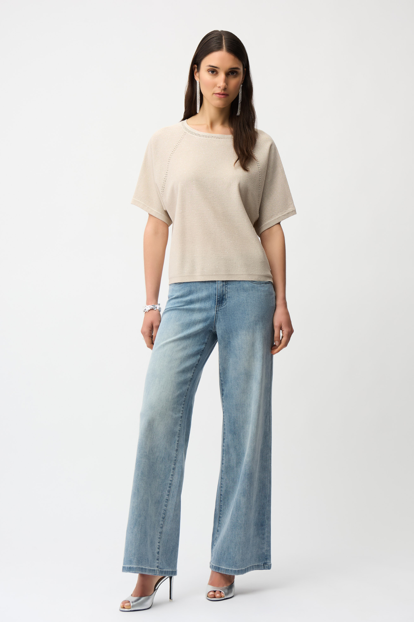 Joseph Ribkoff 261917 sequins yarn sweater with scoop neck and raglan sleeves. Soft viscose blend with subtle shimmer. Shop Dotique.