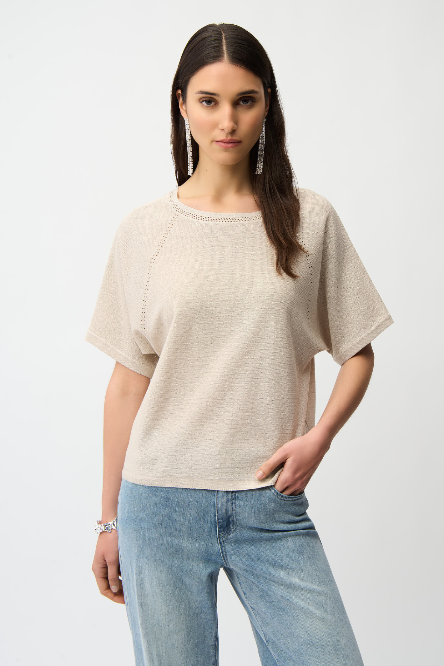 Joseph Ribkoff 261917 sequins yarn sweater with scoop neck and raglan sleeves. Soft viscose blend with subtle shimmer. Shop Dotique.