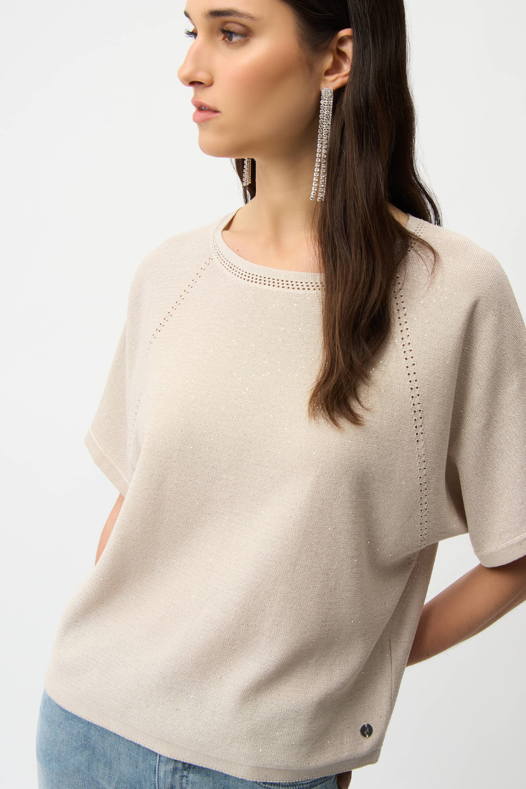 Joseph Ribkoff 261917 sequins yarn sweater with scoop neck and raglan sleeves. Soft viscose blend with subtle shimmer. Shop Dotique.