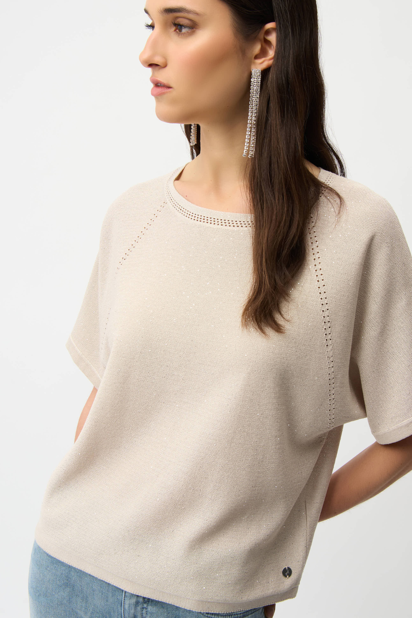 Joseph Ribkoff 261917 sequins yarn sweater with scoop neck and raglan sleeves. Soft viscose blend with subtle shimmer. Shop Dotique.