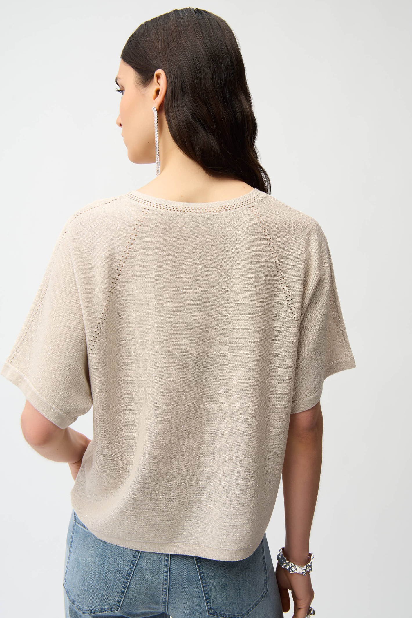 Joseph Ribkoff 261917 sequins yarn sweater with scoop neck and raglan sleeves. Soft viscose blend with subtle shimmer. Shop Dotique.
