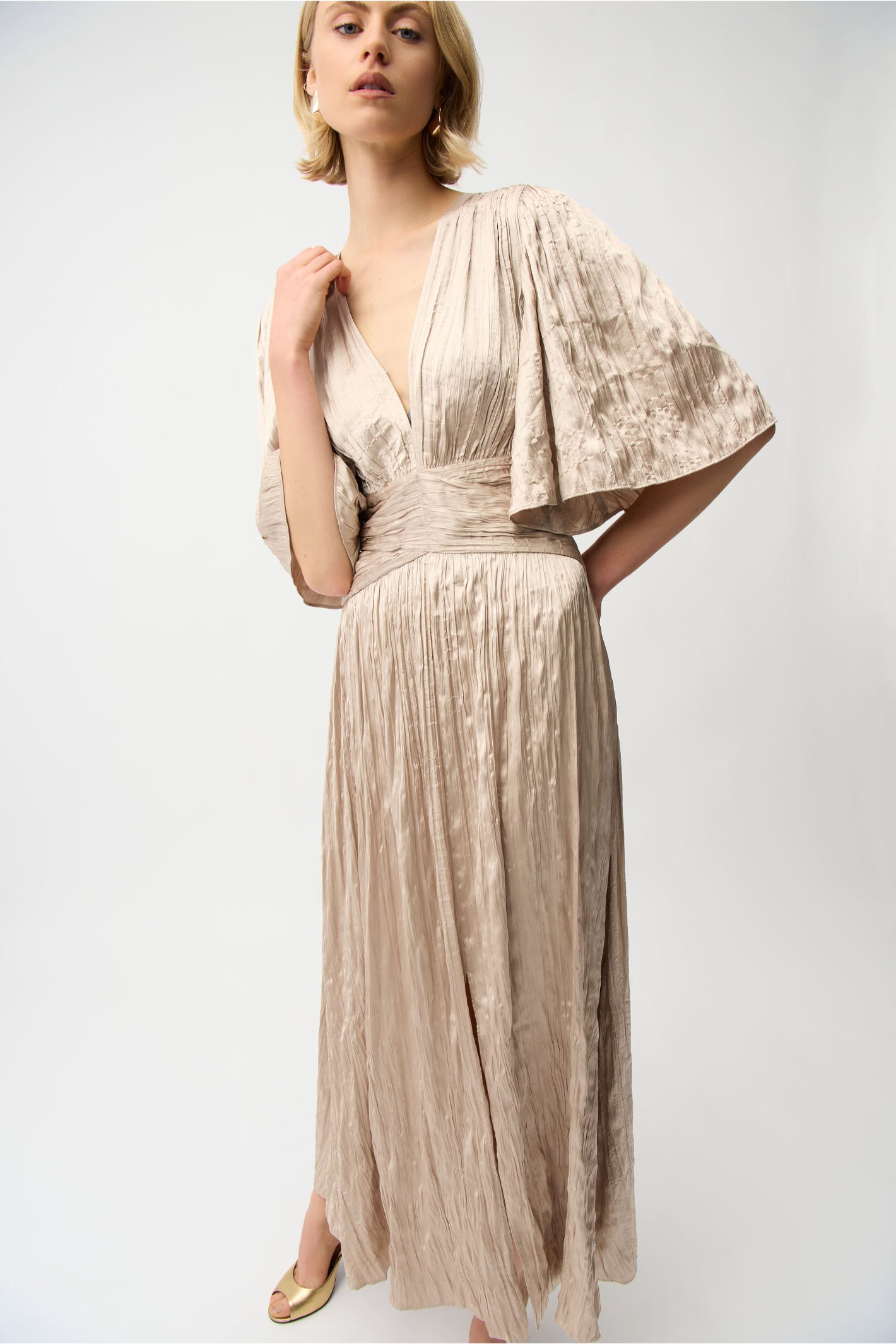 Joseph Ribkoff 261962 Parchment Satin Fit and Flare Pleated Dress