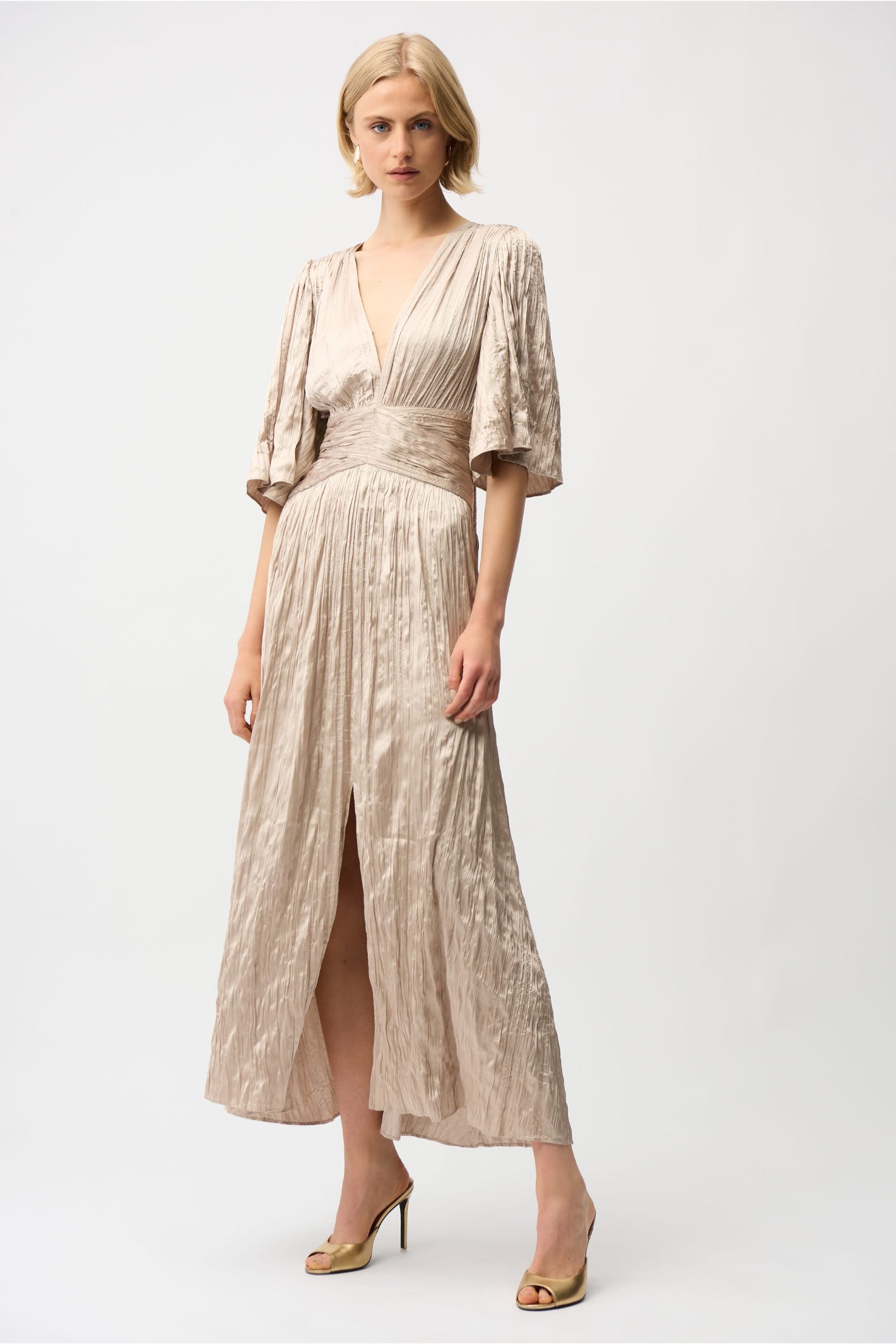 Joseph Ribkoff 261962 Parchment Satin Fit and Flare Pleated Dress by joseph ribkoff shop the brand at Dotique front view