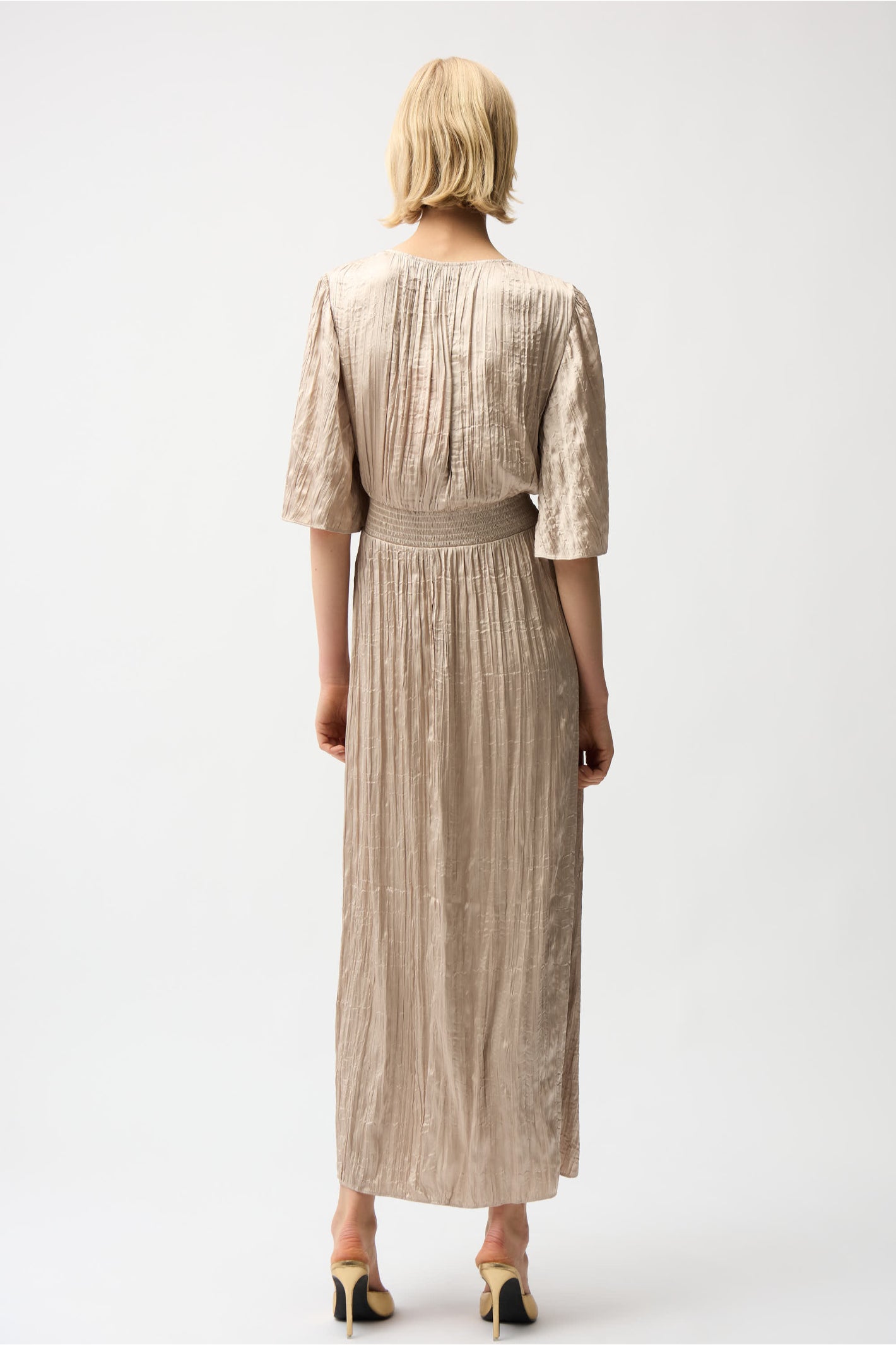 Joseph Ribkoff 261962 Parchment Satin Fit and Flare Pleated Dress by joseph ribkoff shop the brand at Dotique back view