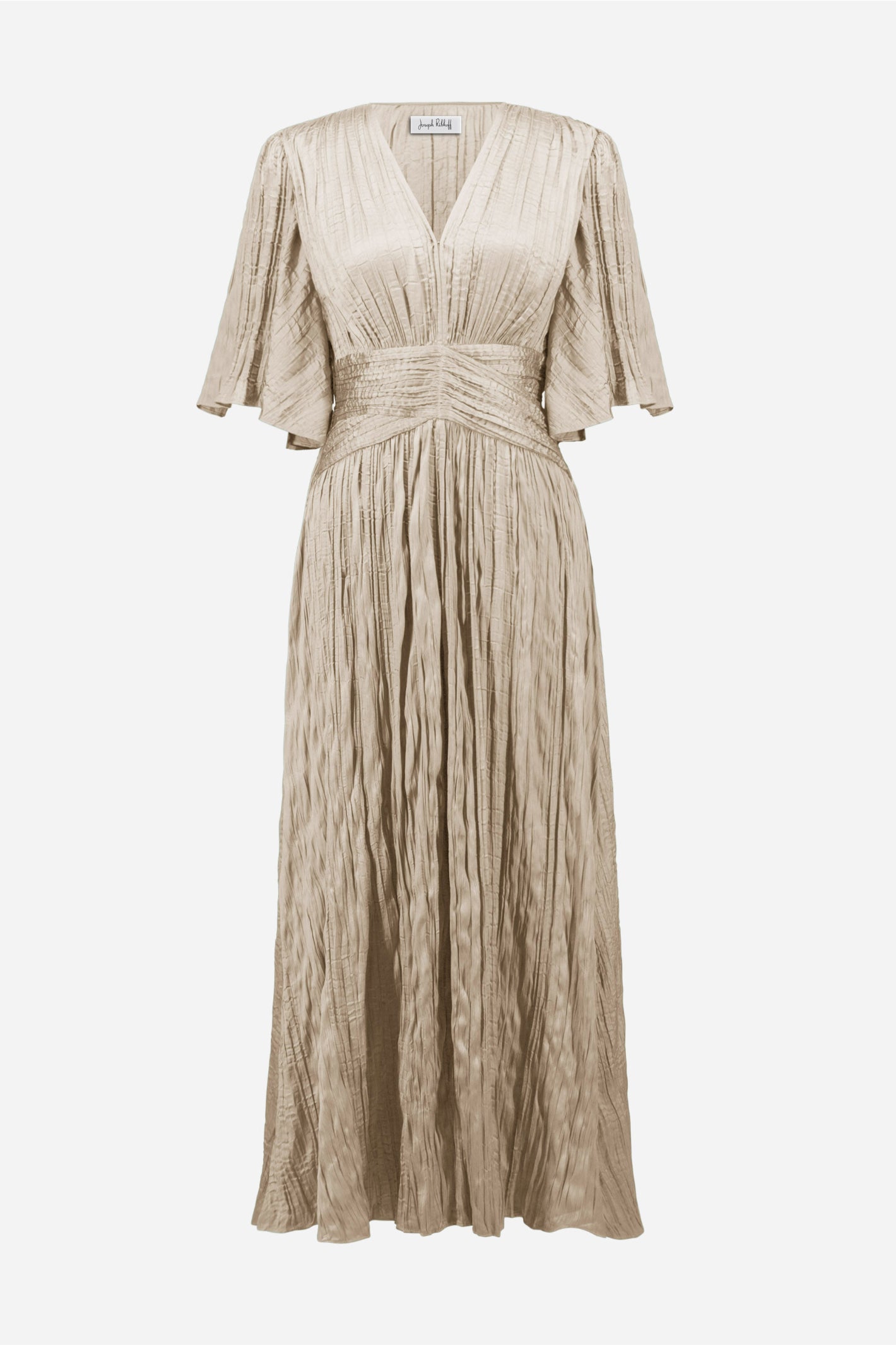 Joseph Ribkoff 261962 Parchment Satin Fit and Flare Pleated Dress by joseph ribkoff shop the brand at Dotique front view