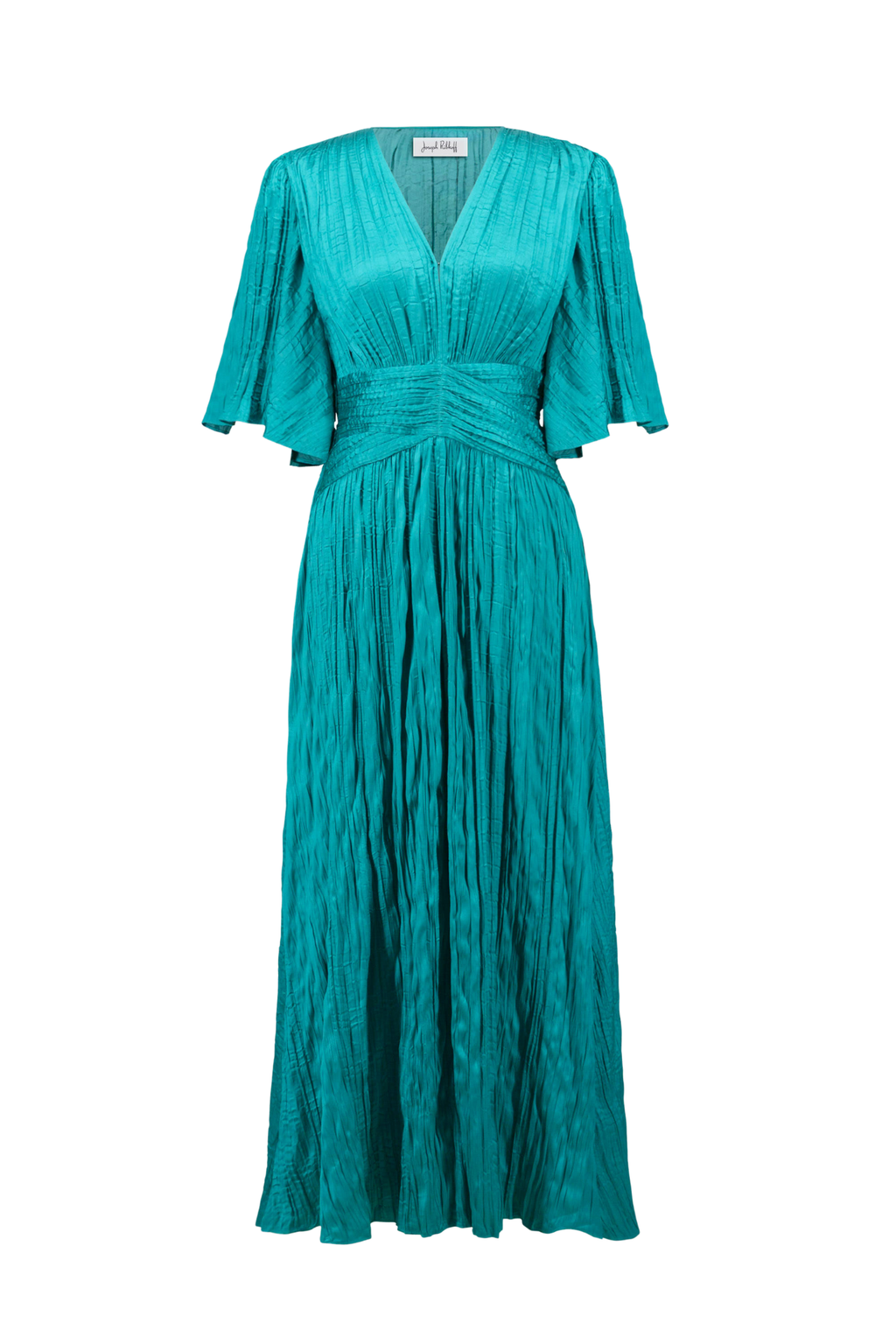 Joseph Ribkoff 261962 satin fit and flare midi dress with pleated knot waist and flare sleeves. Elegant, flattering and perfect for occasions. Shop Dotique.