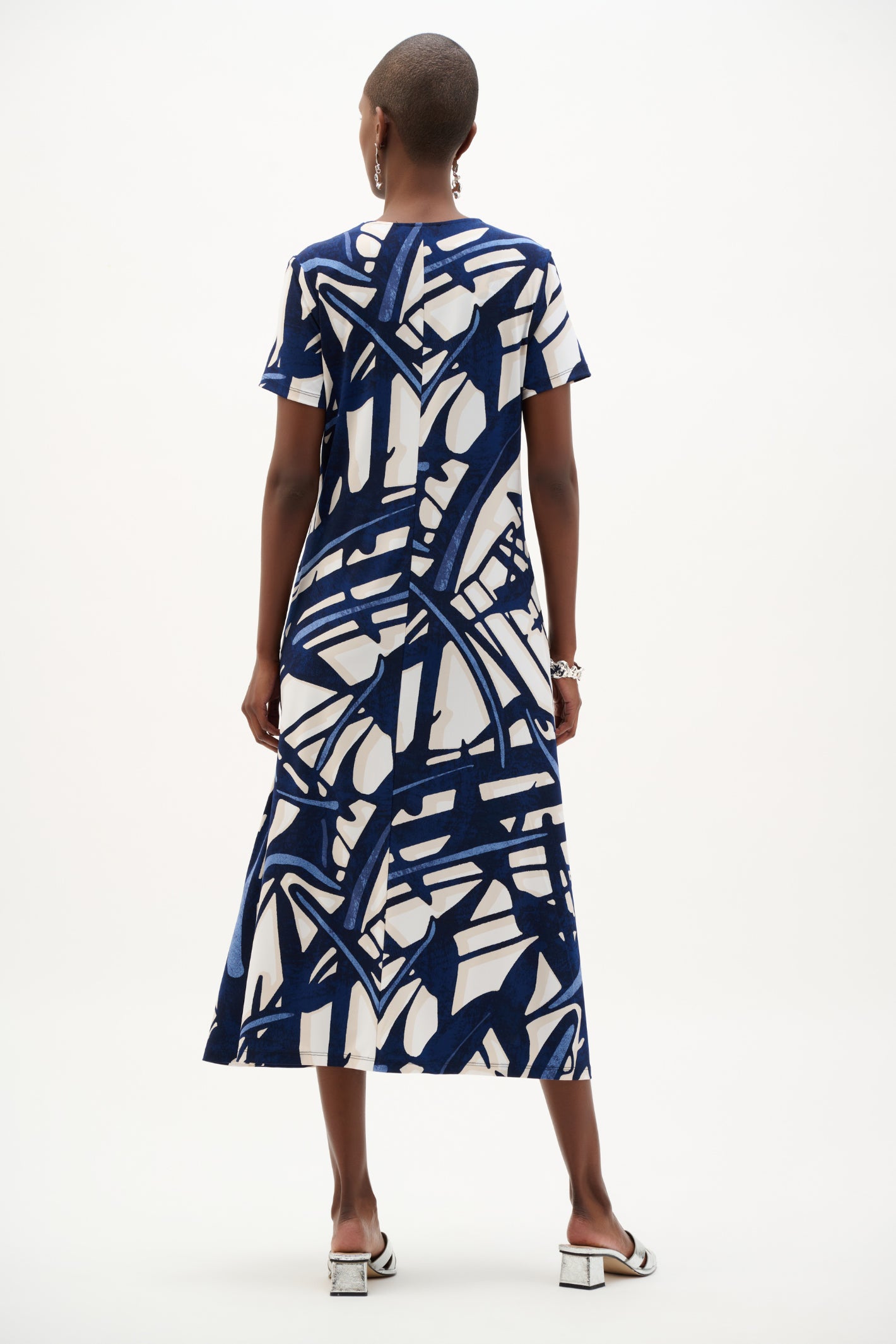 Back view of model wearing Joseph Ribkoff 262245 Silky Knit Abstract Print Trapeze Dress Vanilla/Multi by Joseph Ribkoff, shop Dotique