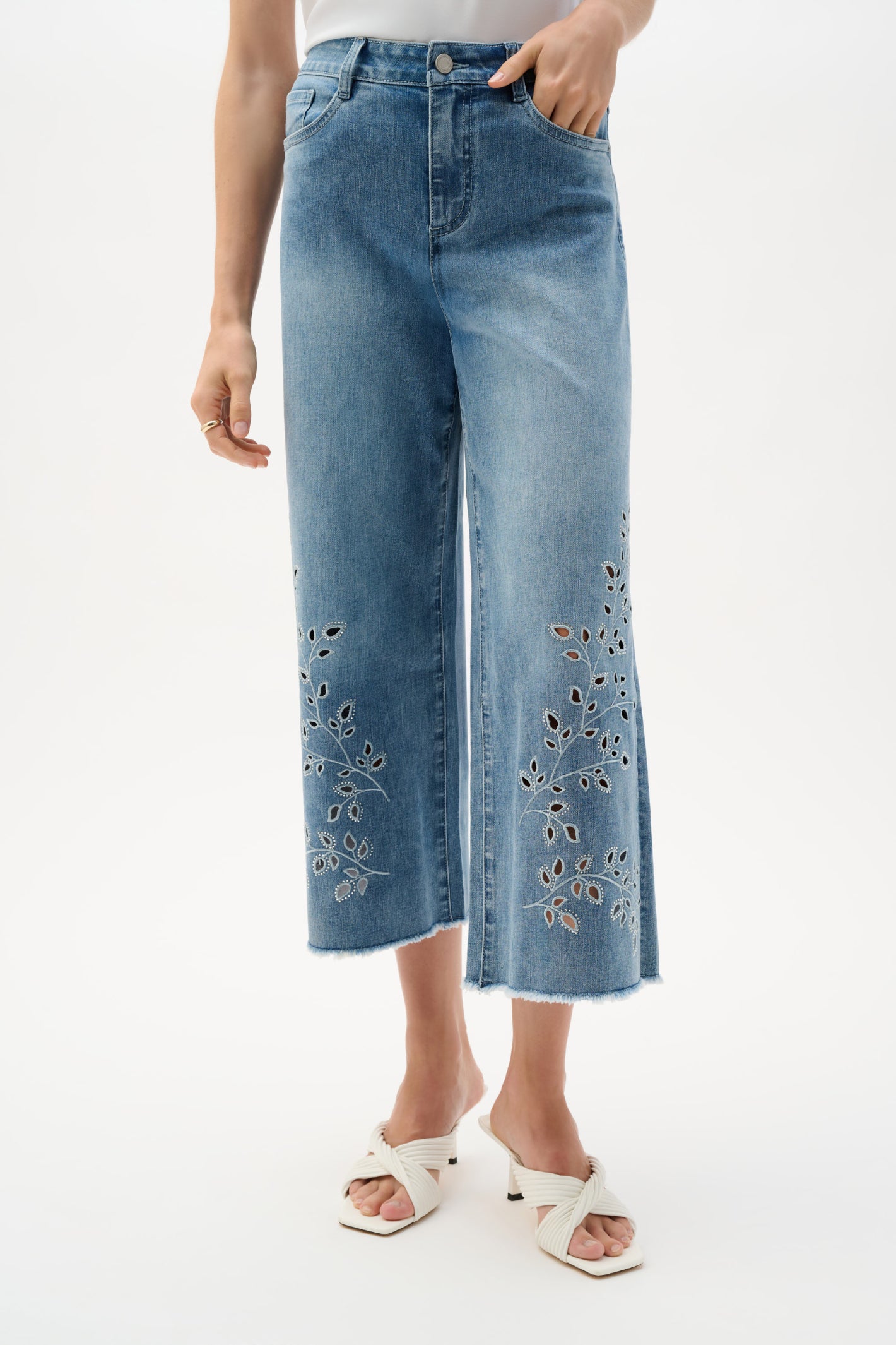 Joseph Ribkoff 262915 Repreve® Denim Wide Leg Crop Jeans With Embroidery by joseph ribkoff shop the brand at Dotique front lower leg view