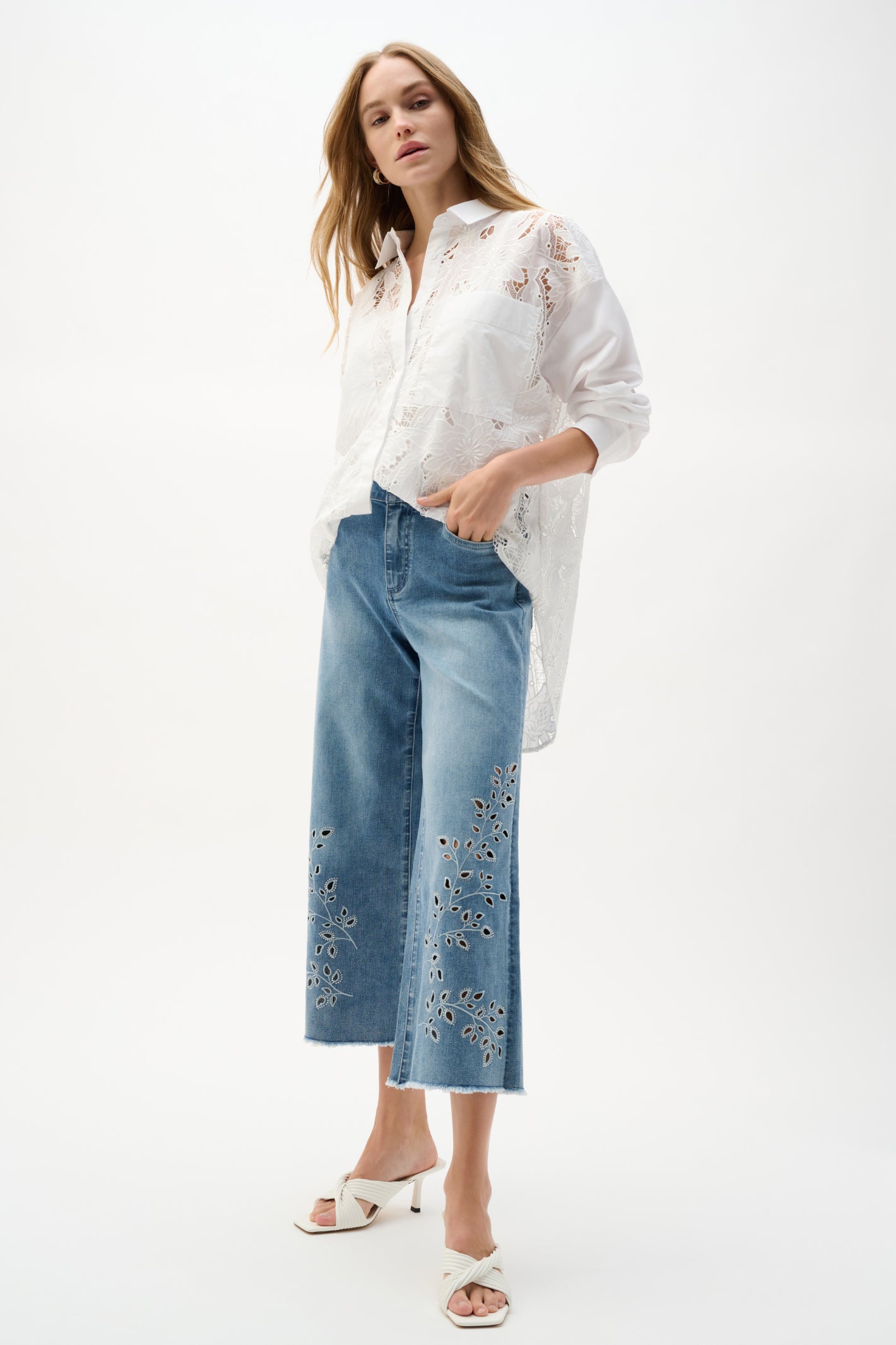 Joseph Ribkoff 262915 Repreve® Denim Wide Leg Crop Jeans With Embroidery by joseph ribkoff shop the brand at Dotique full body front view