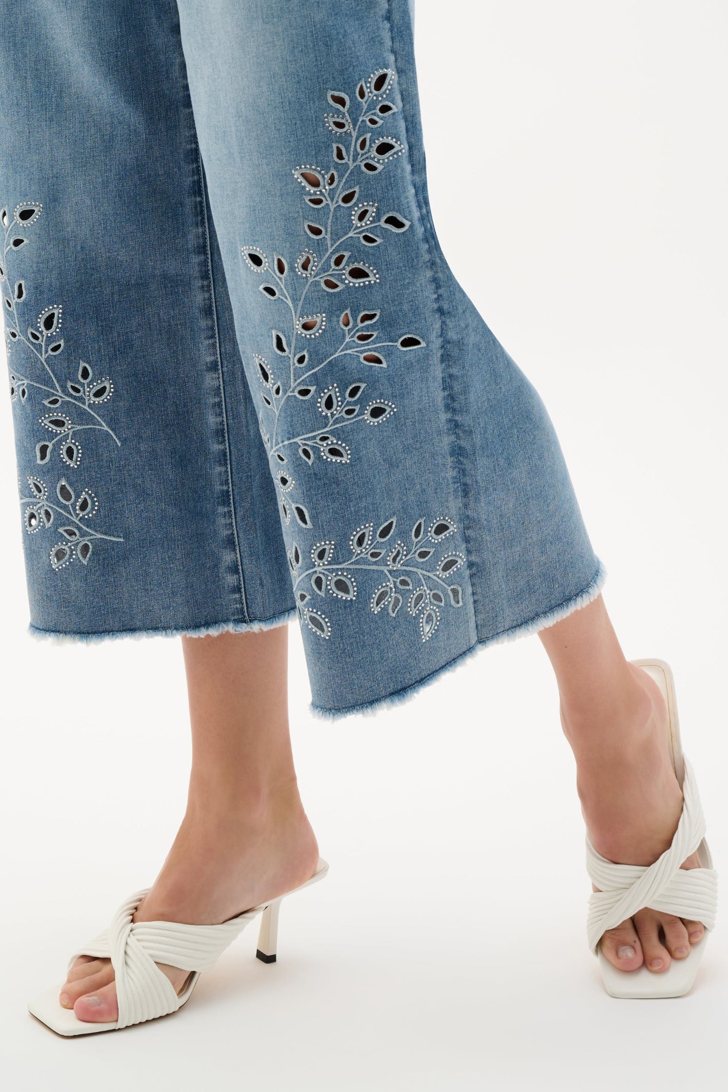 Joseph Ribkoff 262915 Repreve® Denim Wide Leg Crop Jeans With Embroidery by joseph ribkoff shop the brand at Dotique close leg detail view