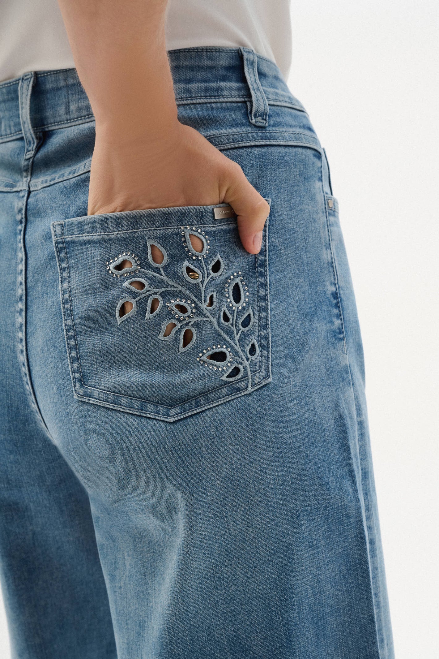 Joseph Ribkoff 262915 Repreve® Denim Wide Leg Crop Jeans With Embroidery by joseph ribkoff shop the brand at Dotique pocket detail view