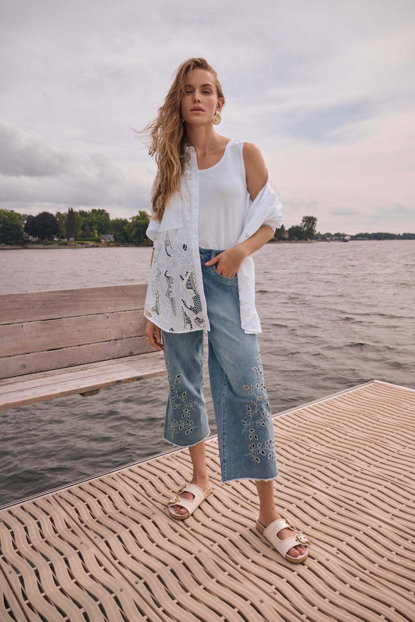 Joseph Ribkoff 262915 Repreve® Denim Wide Leg Crop Jeans With Embroidery by joseph ribkoff shop the brand at Dotique full body outdoor view