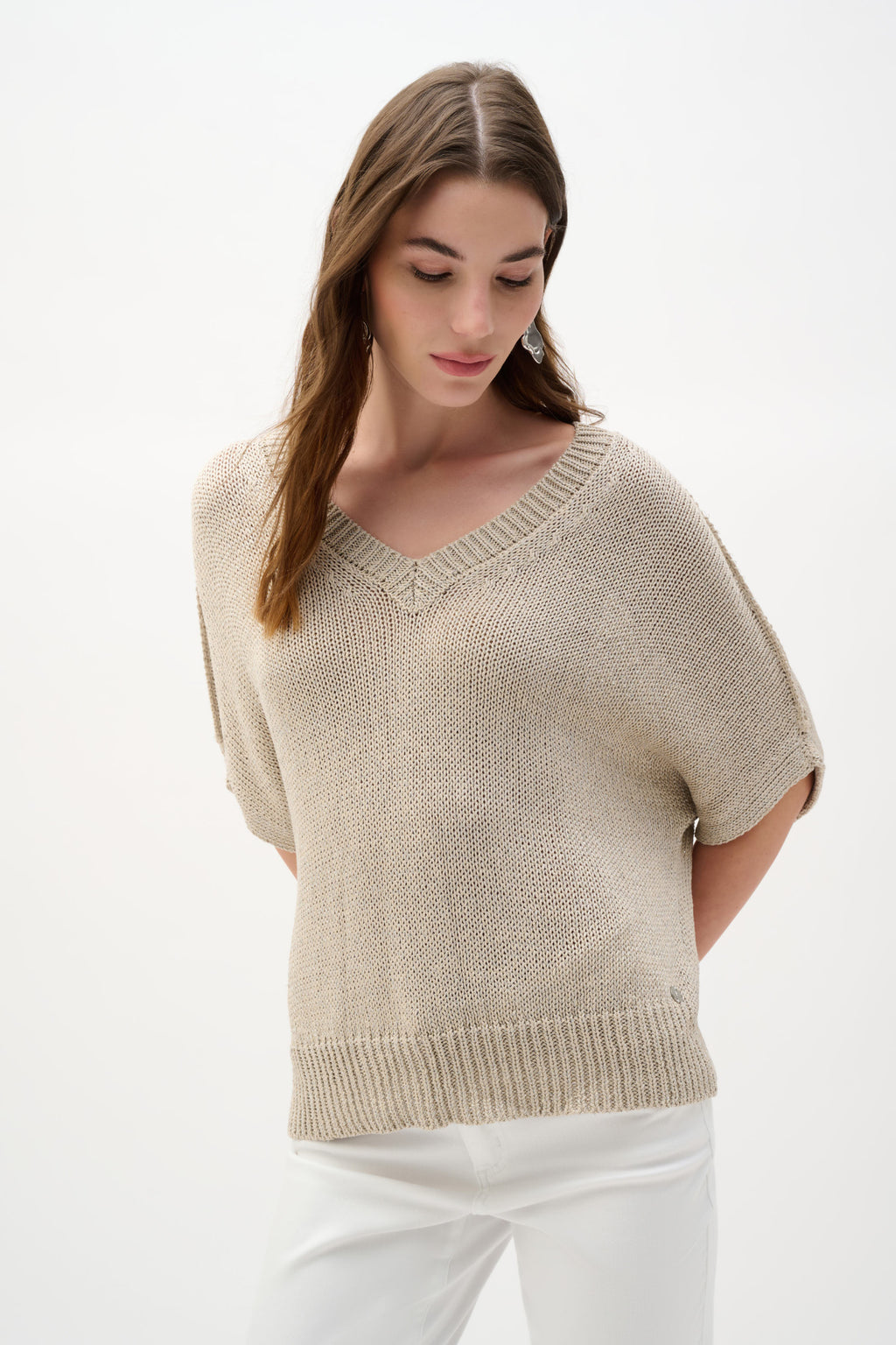 Model wearing Joseph Ribkoff 262925 Viscose & Lurex Relaxed Knit Top Moonstone by Joseph Ribkoff shop Dotique