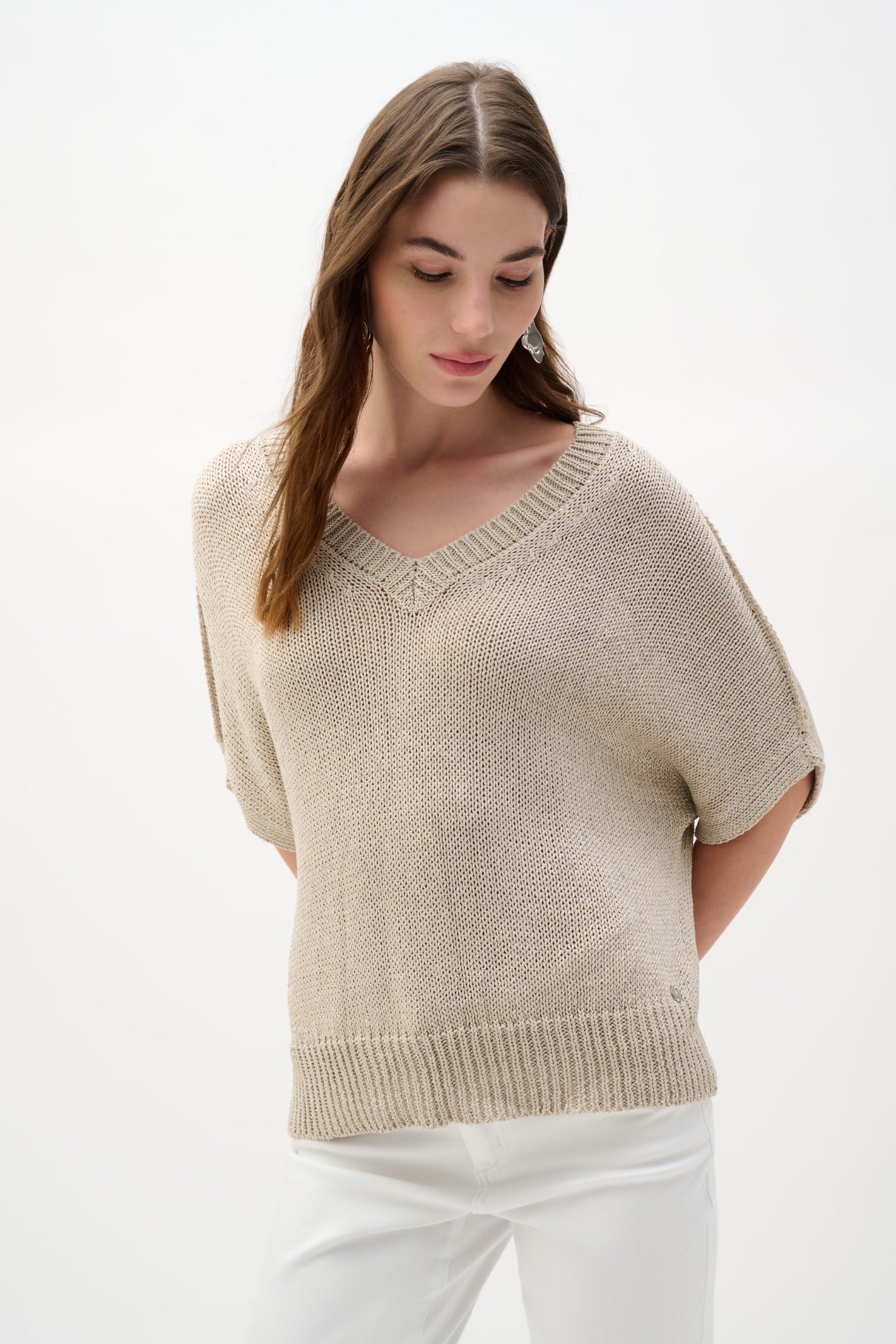 Model wearing Joseph Ribkoff 262925 Viscose & Lurex Relaxed Knit Top Moonstone by Joseph Ribkoff shop Dotique
