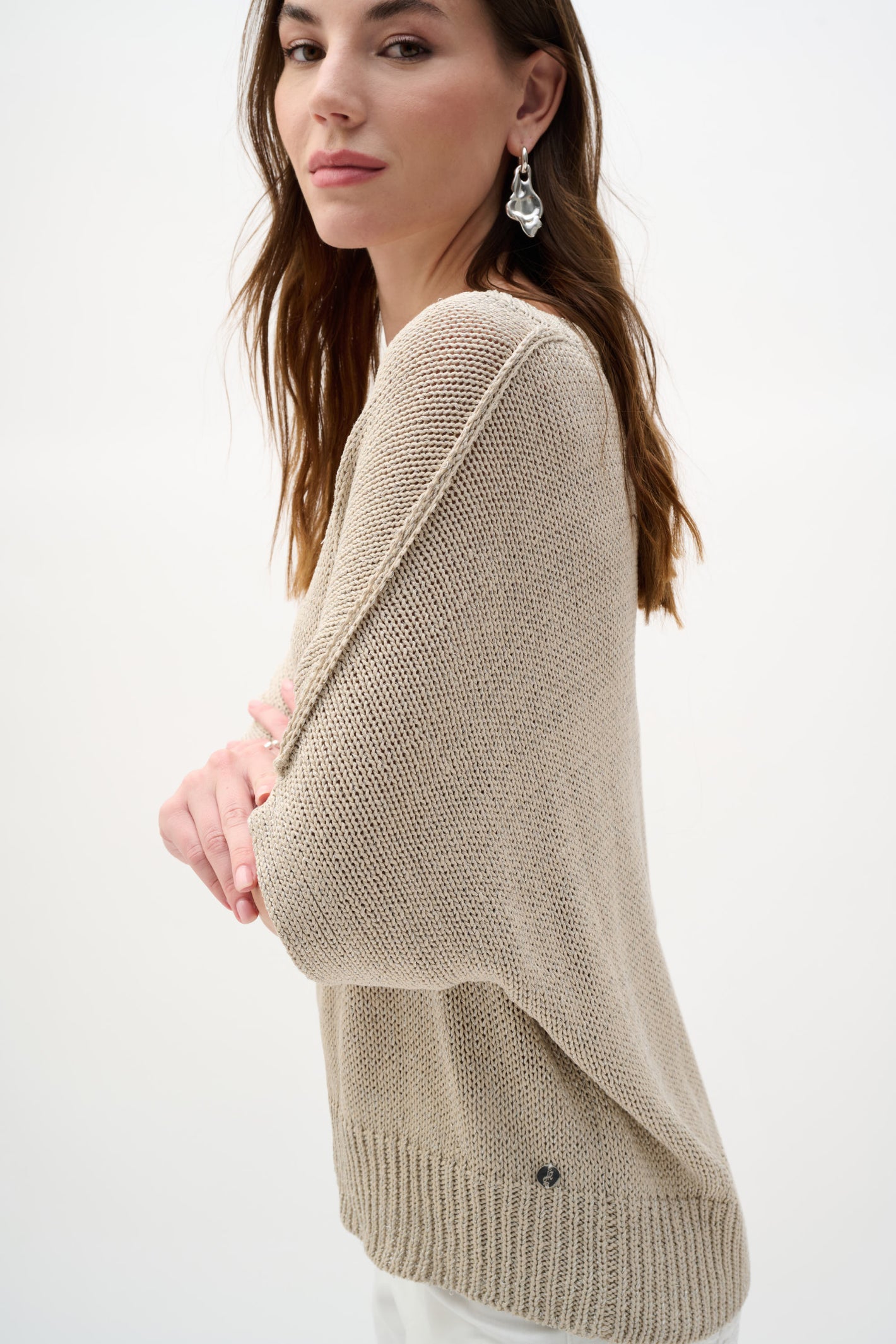 Model wearing Joseph Ribkoff 262925 Viscose & Lurex Relaxed Knit Top Moonstone by Joseph Ribkoff shop Dotique